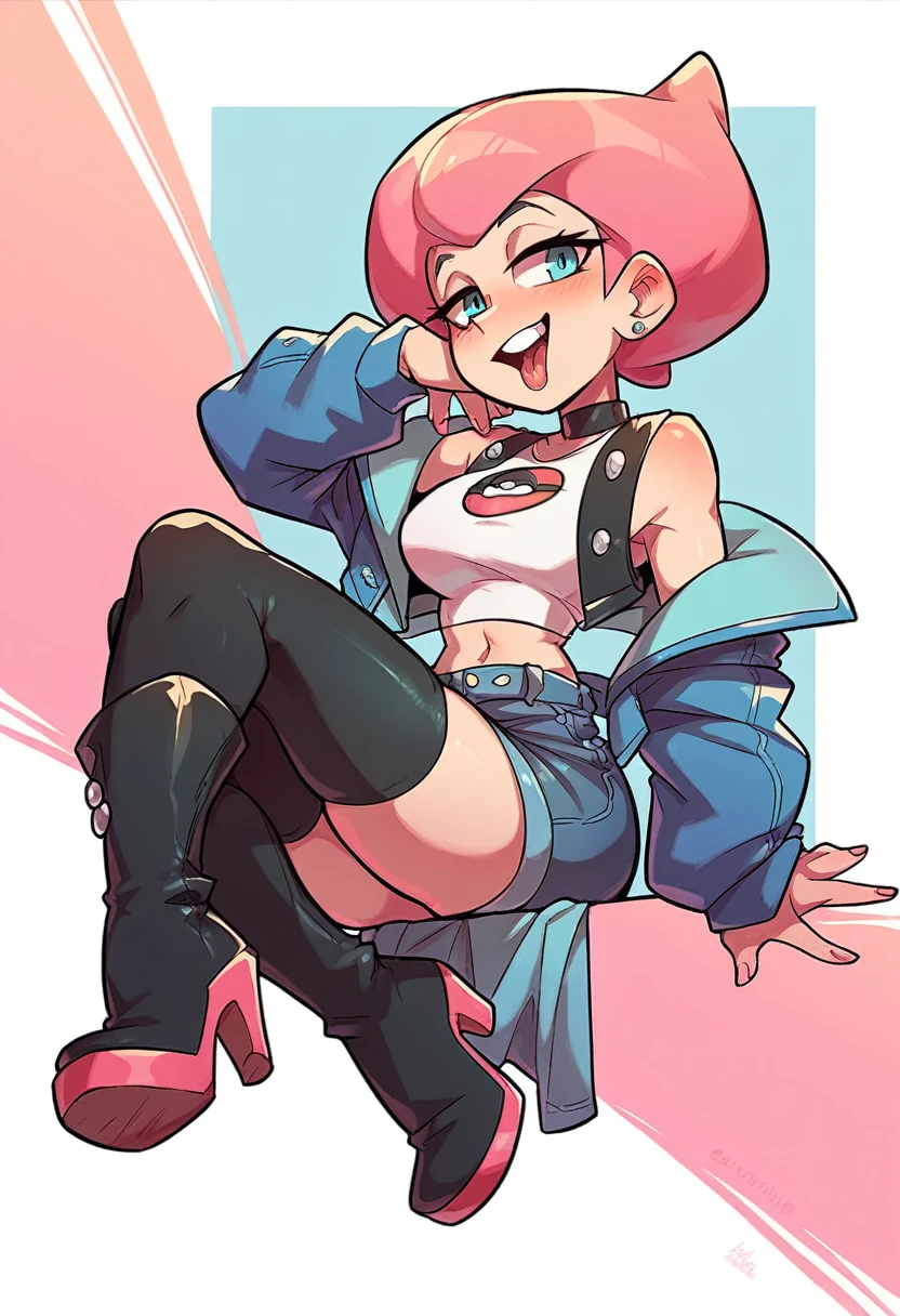 girl pokemon trainer posh dresses as a slut, dressed in with a blue denim jacket with a white crop top a black leather skirt and stockings and high-heeled boots, horny