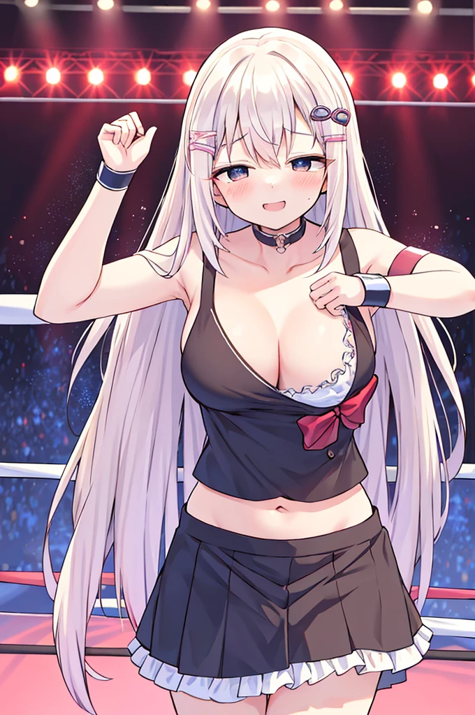 Cute girl with skirt belly punch in the corner of the ring,((masterpiece)),long hair,beautiful white skin、 ((charming))、happy smile、perfect proportions、(((Kickboxing)))、(((Mixed wrestling))), cute woman, baby face, BREAK source_anime, high detail, looking at viewer,POV, large chest, best quality, highly detailed, young face, white background,Droopy eyes,relaxed face,she attacks,frilly skirt,heart hair ornament,twintale hair, best quality, 1girl, solo, nice hands, perfect hands,