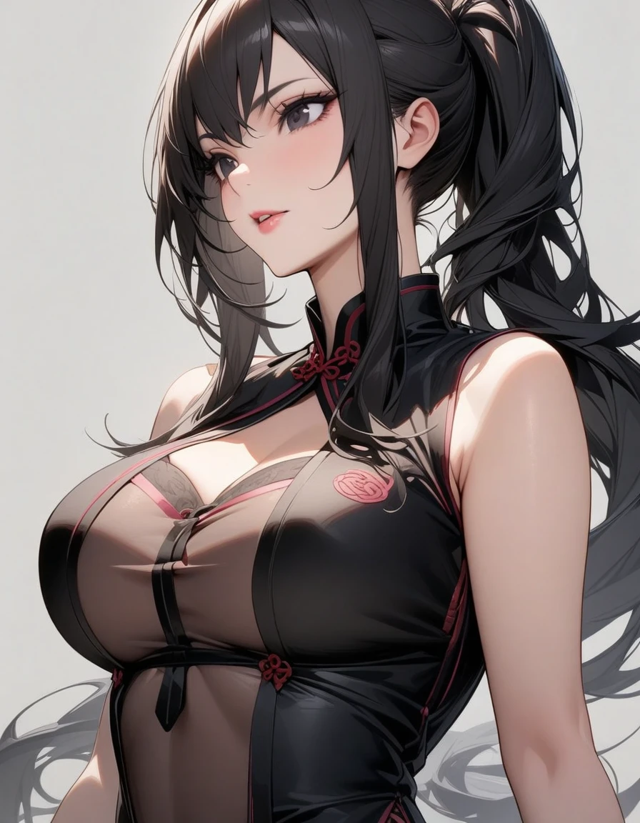 Mature big sister,Black long hair,Black chest binding,Chinese style,Beautiful black eyes,Extremely detailed,high resolution,Simple background