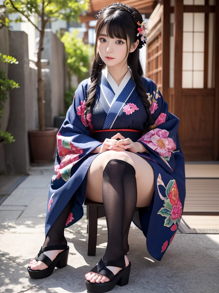 She has big, beautiful blue eyes、She has delicate features with a slight blush on her cheeks.。Her outfit is a black kimono、Decorated with colorful floral patterns、It's off the shoulder, revealing a deep neckline and a vibrant orange band.。The sleeves of the kimono are decorated with々The colorful floral pattern is intricately painted.。
Her legs are covered in black sheer knee-high stockings.、Wearing traditional Japanese geta。Her hands are placed gracefully in front of her、The fingers are slightly bent。The lighting is bright、It creates vibrant colors and sharp contrasts that highlight the details of the costumes and accessories.。。