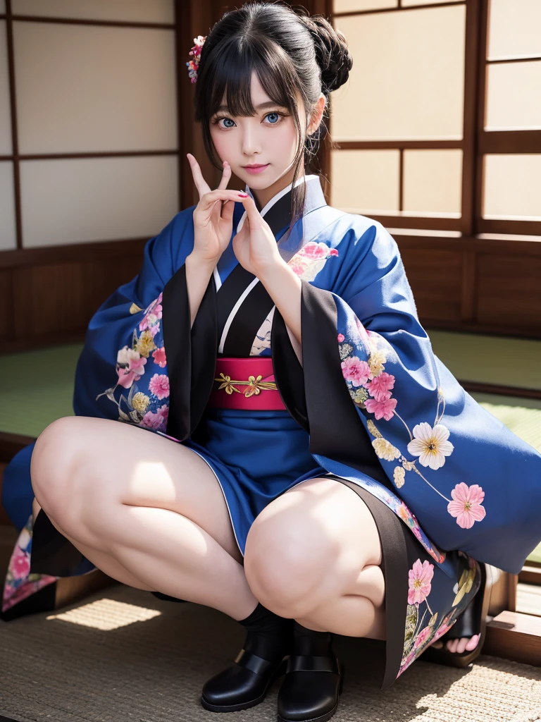 She has big, beautiful blue eyes、She has delicate features with a slight blush on her cheeks.。Her outfit is a black kimono、Decorated with colorful floral patterns、It's off the shoulder, revealing a deep neckline and a vibrant orange band.。The sleeves of the kimono are decorated with々The colorful floral pattern is intricately painted.。
Her legs are covered in black sheer knee-high stockings.、Wearing traditional Japanese geta。Her hands are placed gracefully in front of her、The fingers are slightly bent。The lighting is bright、It creates vibrant colors and sharp contrasts that highlight the details of the costumes and accessories.。。