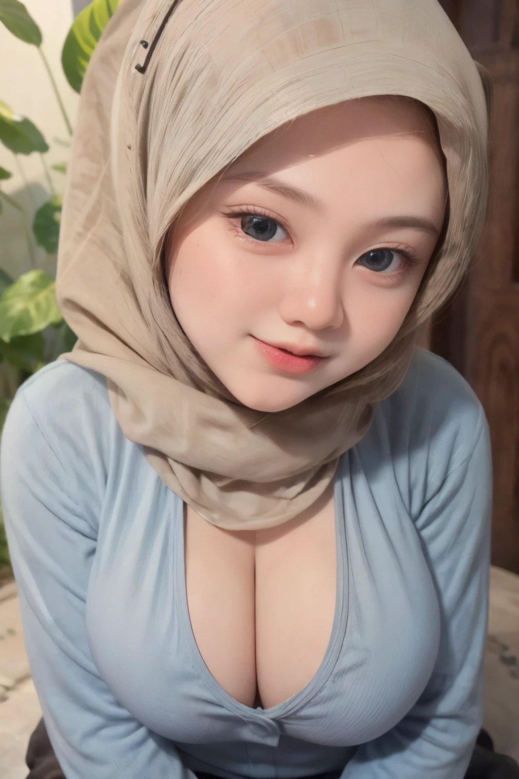 adorable, 1 girl, (face to face), , baby face, hf body portrait, (face details: 1), (eye details: 1), ((big breasts)). wearing light blue long shirt, hijab, .. Cute posed. proportional body. Ultra High Res. realistic: 1.4, UHD