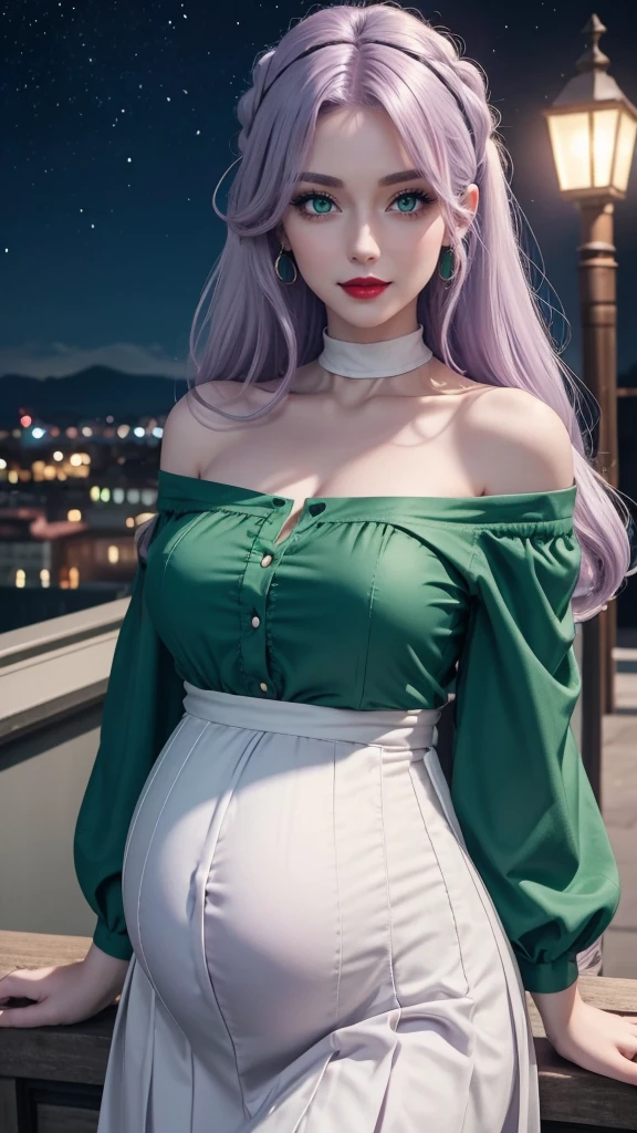 Irish woman, anime, cute, beautiful, high quality, night, 8k, long waist length light pale purple hair, green eyes, red lips, eyelashes, (blue) blouse, (white) salso skirt, high neckline, off the shoulder sleeves, pregnant
