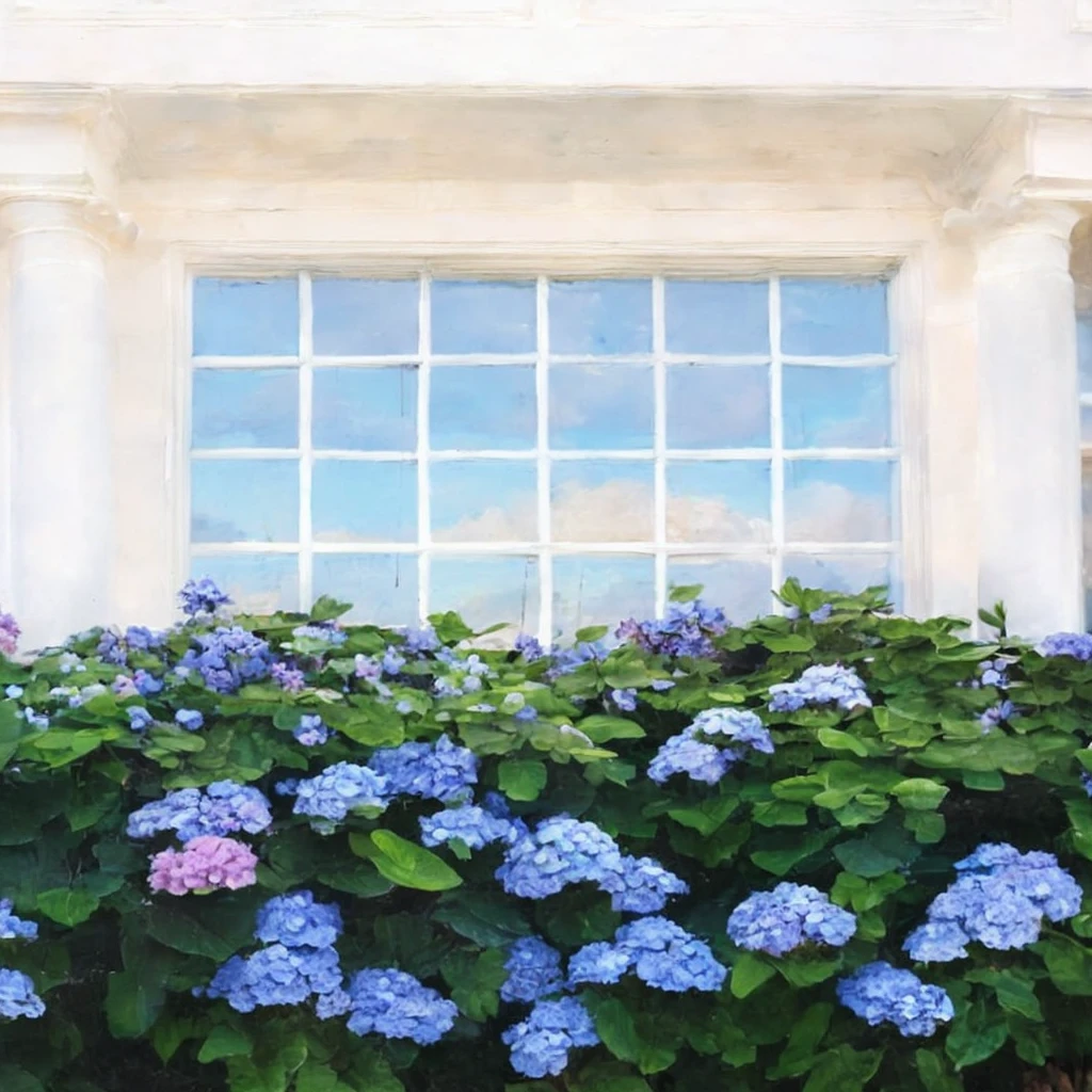 masterpiece, ultra detailed, beautiful, distinct, best aesthetic, super fine illustration, hydrangea bushes, vibrant purple and white flowers, lush green leaves, large window, cloud reflection, white window frame, symmetrical composition, clear blue sky, bright natural light, soft shadows, tranquil suburban home, #drawing style: Mixed Media #painting method: Impasto, pointier painting method, pointillism technique, repoussoir, Sfumato, Detailing oil pastel art, impressionism, Van Gogh style, Detailing digital painting