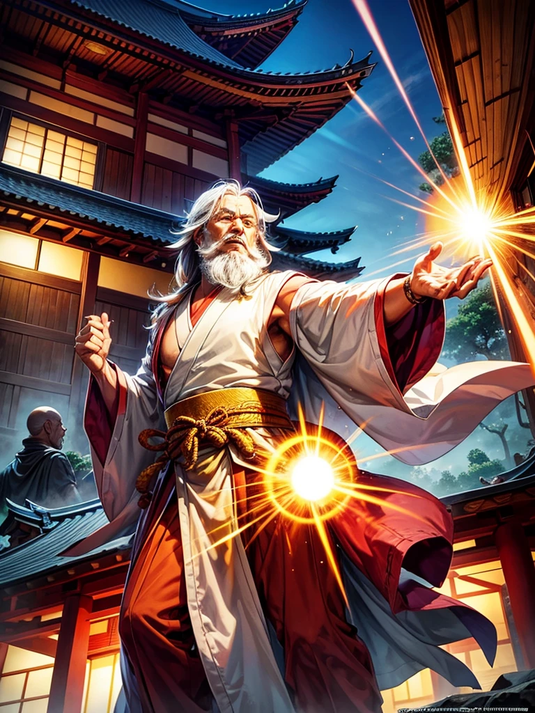 Highest quality,Highest Resolution,An old monk wearing a robe shoots a Kamehameha-like beam from his hand.,Japanese Temples,Destroying a building,