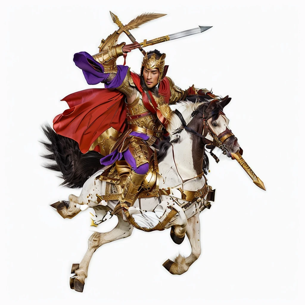 an ancient chinese young warrior, wearing gold color armour, warrior riding a horse, holding a word and a spear, red cape, purple robe, horse looking at the camera (front)