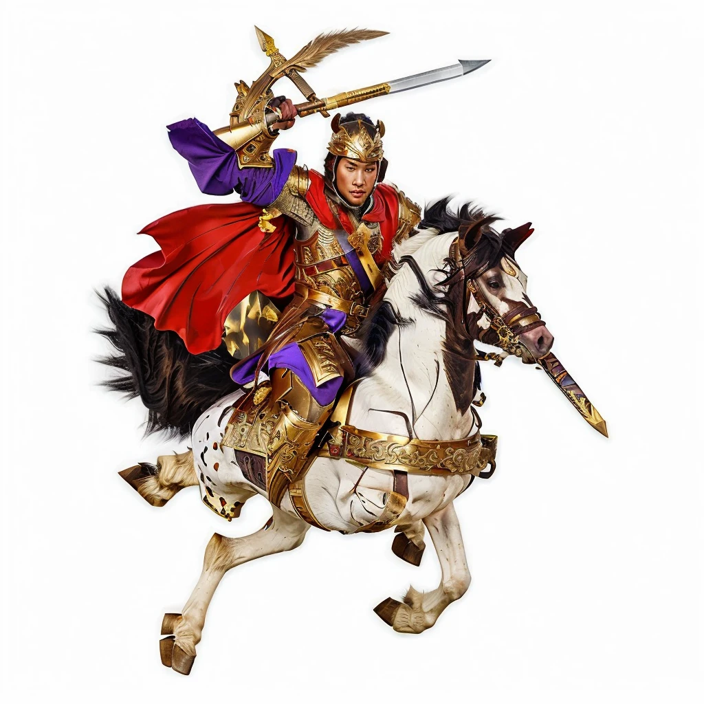 an ancient chinese young warrior, wearing gold color armour, warrior riding a horse, holding a word and a spear, red cape, purple robe, horse looking at the camera (front)