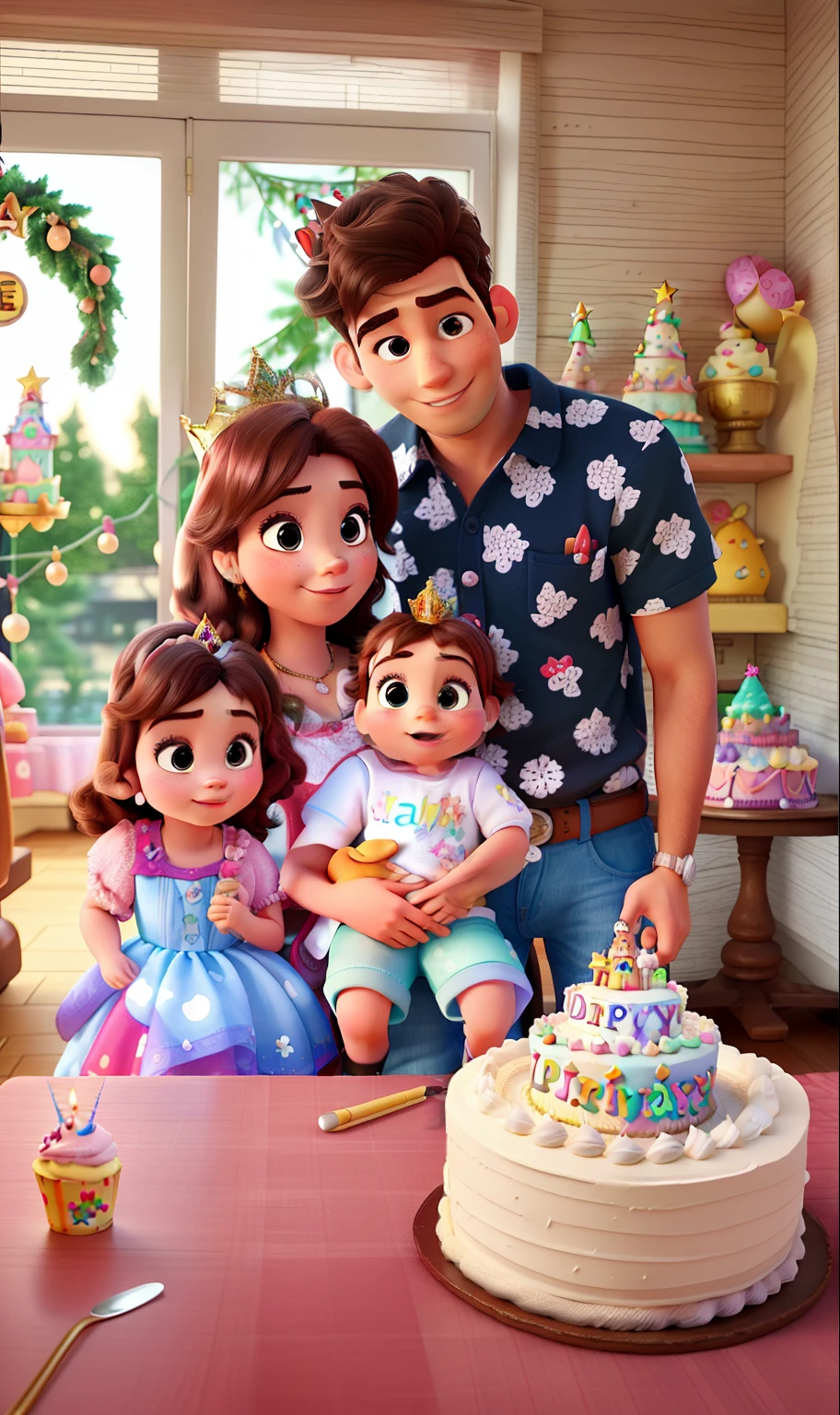 High quality Disney Pixar style image with a man, a woman a girl  and a baby girl with a birthday crown in front of a birthday cake With flashing lights, holiday season, Casal feliz