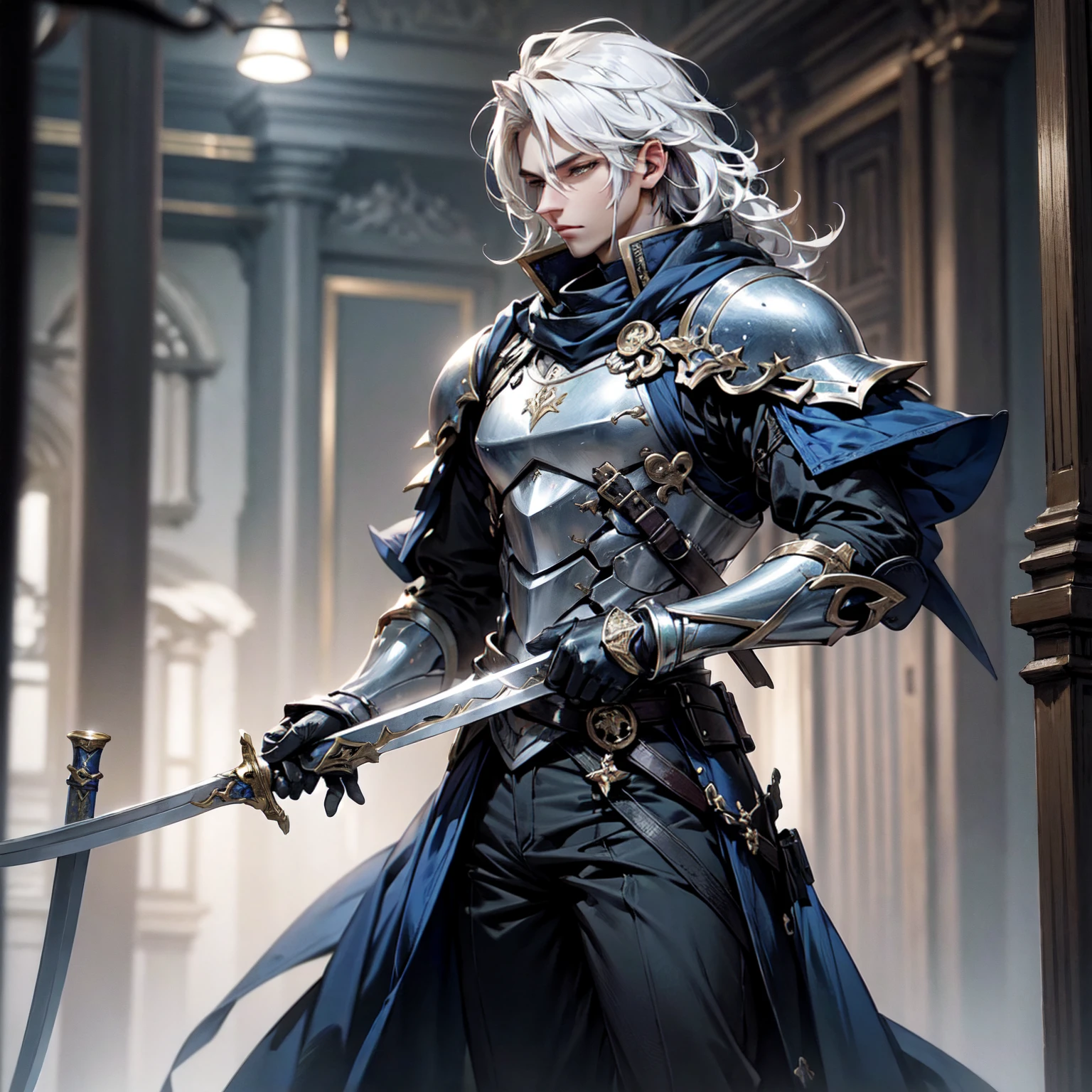 (masterpiece:1.2, best quality),Extremely detailed,Highest definition,8K,Anime CG, ung man,Tall,White hair,Medium length hair,Slightly curly hair,Bangs on both sides cover the ears,Gray eyes,Knight symbol,Mercenary status,Modern mercenary style clothing,Tactical Clothing,Fighting Stance,A sword with a huge blade carried in one hand,Sword body dark blue,Moonlight Blade,Cold expression,Well-proportioned body,Gorgeous combat costumes,The background is a lighted corridor