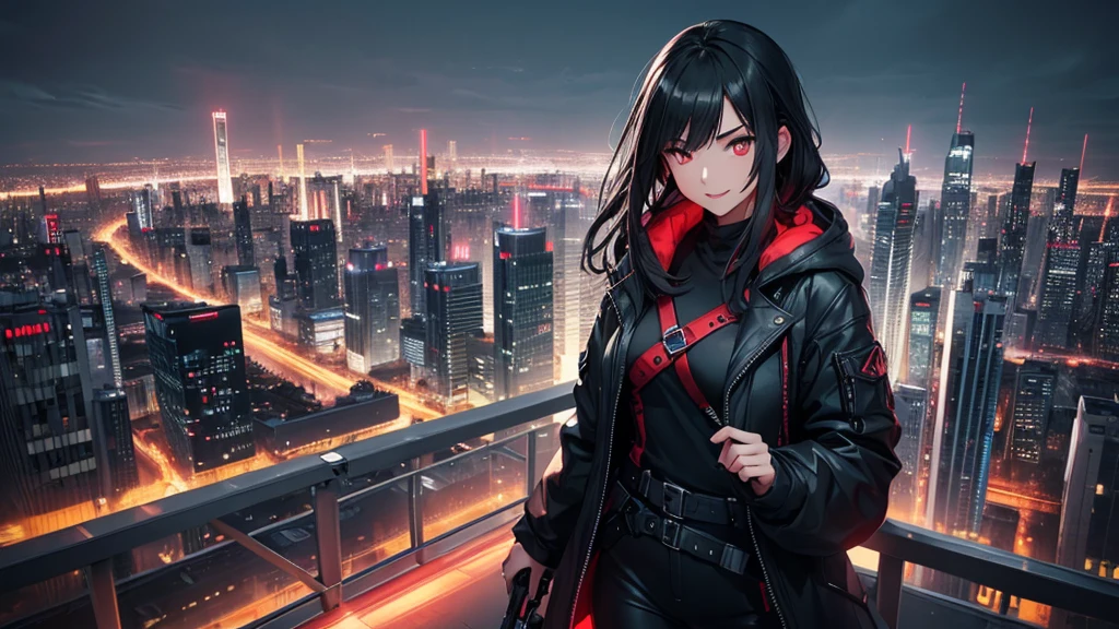 最high resolution,high resolution,Legendary Assassin, Beautiful Teenage Woman,Small breasts,black hooded coat , Grey Shirt,Black pants,Fearless smile, Red lips, Black Hair, Red eyes, realism, Night city view from the top of a skyscraper,Neon Town,Digital Painting, Concept Art, Smooth, Sharp focus, Three-part method, Style Psycho,Detailed Eyes,assassin's creed