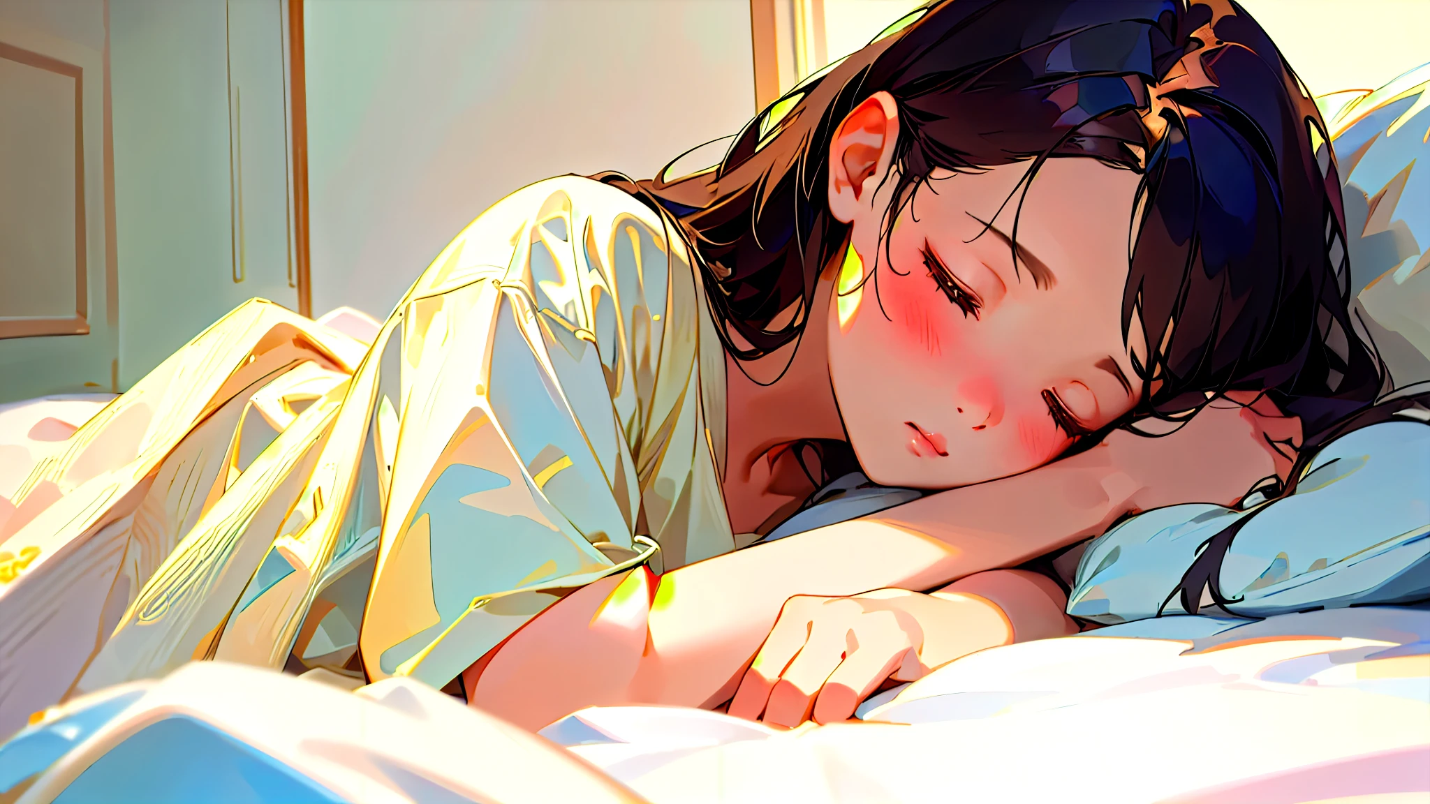 (Highest quality, masterpiece, Ultra-realistic), Beautiful and delicate15Year-old girl portrait,, The background is the bedroom at home.。Sleeping with a calm expression。It's dark in the room、The bed lamp is on。