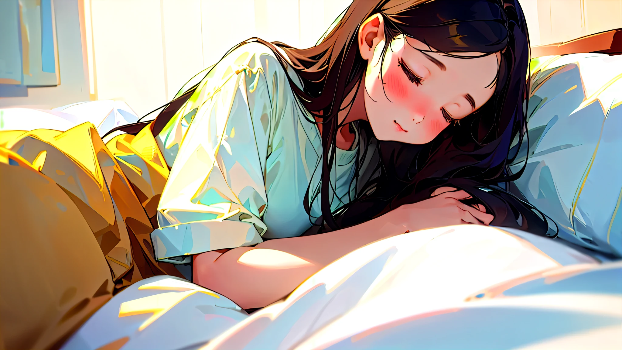 (Highest quality, masterpiece, Ultra-realistic), Beautiful and delicate15Year-old girl portrait,, The background is the bedroom at home.。Sleeping with a calm expression。It's dark in the room、The bed lamp is on。