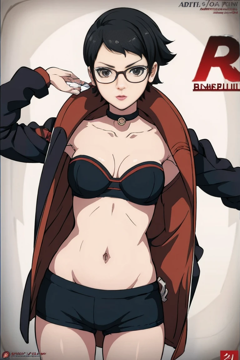 anime girl in a short dress and glasses with a red cape, persona 5 art style wlop, style artgerm, extremely detailed artgerm, ! dream artgerm, ig model | artgerm, female protagonist 👀 :8, realistic anime 3 d style, artgerm portrait, anime styled 3d, realistic anime artstyle ((( same pose showing belly)))(((naked)))(((mini bra)))