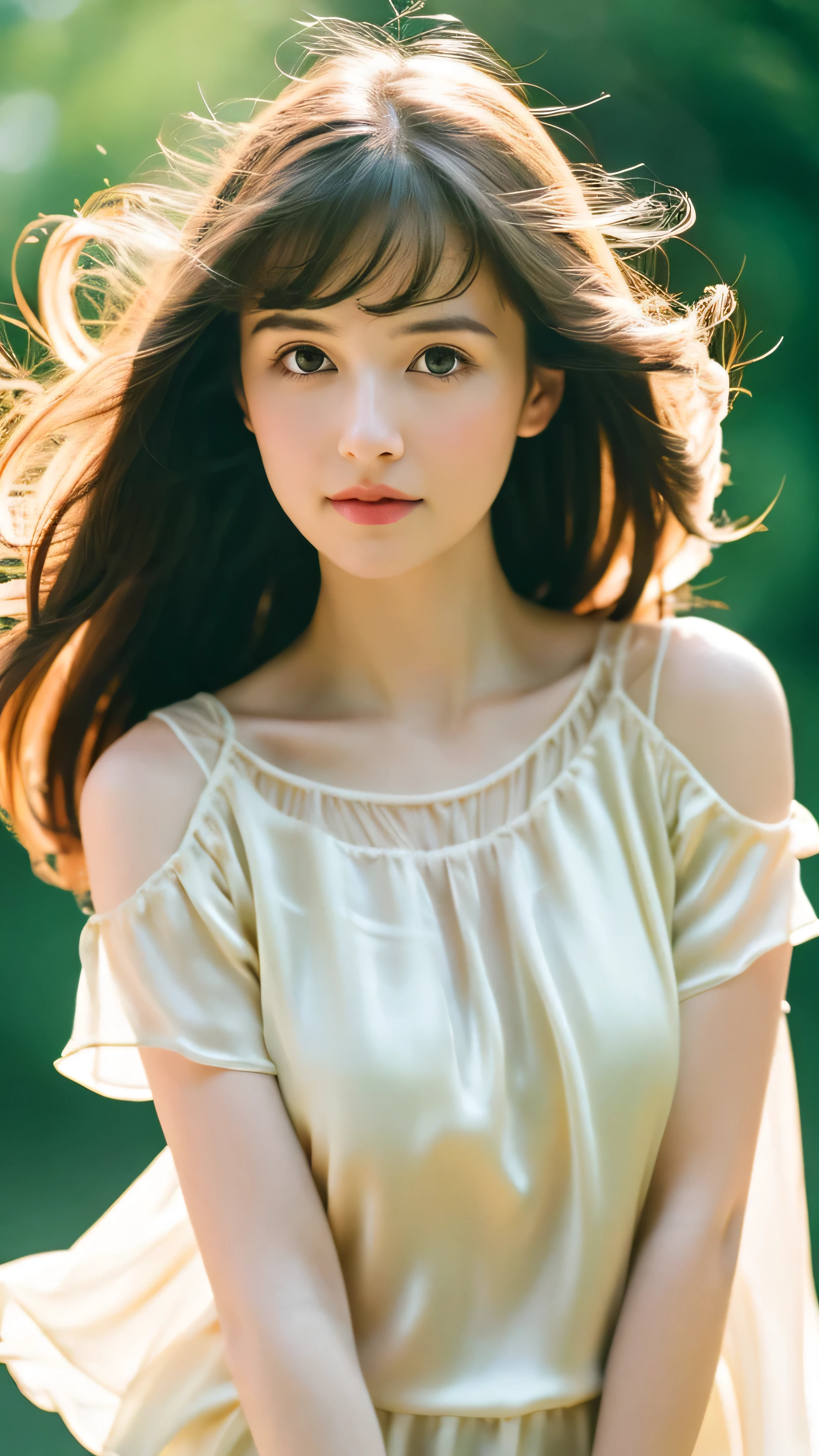 (Random Nationality):1.5, masterpiece, Highest quality, 8K, 20th Generation, (Large Breasts:1.2), cute, alone, sad, close, cute, Girlish, Delicate girl, Pure beauty, RAW Photos, Professional photography, Portraiture, Soft Light, Professional Lighting, Backlight, Upper Body, avert your eyes, Sophisticated, Film Grain, (Eyes and facial details:1.0), Beautiful straight hair, Hair swaying in the wind, Silk blouse, Random hairstyle