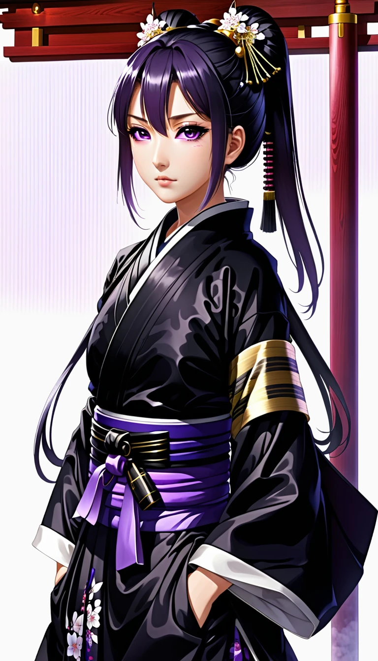 hyakkihime,1girl,black kimono,, ponytail, purple eyes,(petite:1.2)