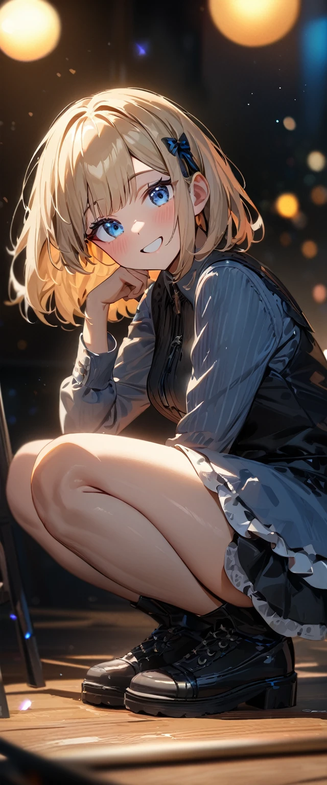 (((One girl))), Shibuya, streat, blond hair, bob cut, (looking at viewer), (((full body))), squatting, breasts, teenager, head tilt:1.3, (((blue eye))), constricted pupils, (from side:1.3), ((happy smile)), gothic lolita:1.3, hair ornament, hair ribbon, anime style, (best quality, 4k, 8k, highres, masterpiece:1.2, ultra-detailed, ultra-detailed eyes, HDR, UHD, studio lighting, ultra-fine painting, sharp focus, physically-based rendering, extreme detail description, professional, vivid colors, bokeh)