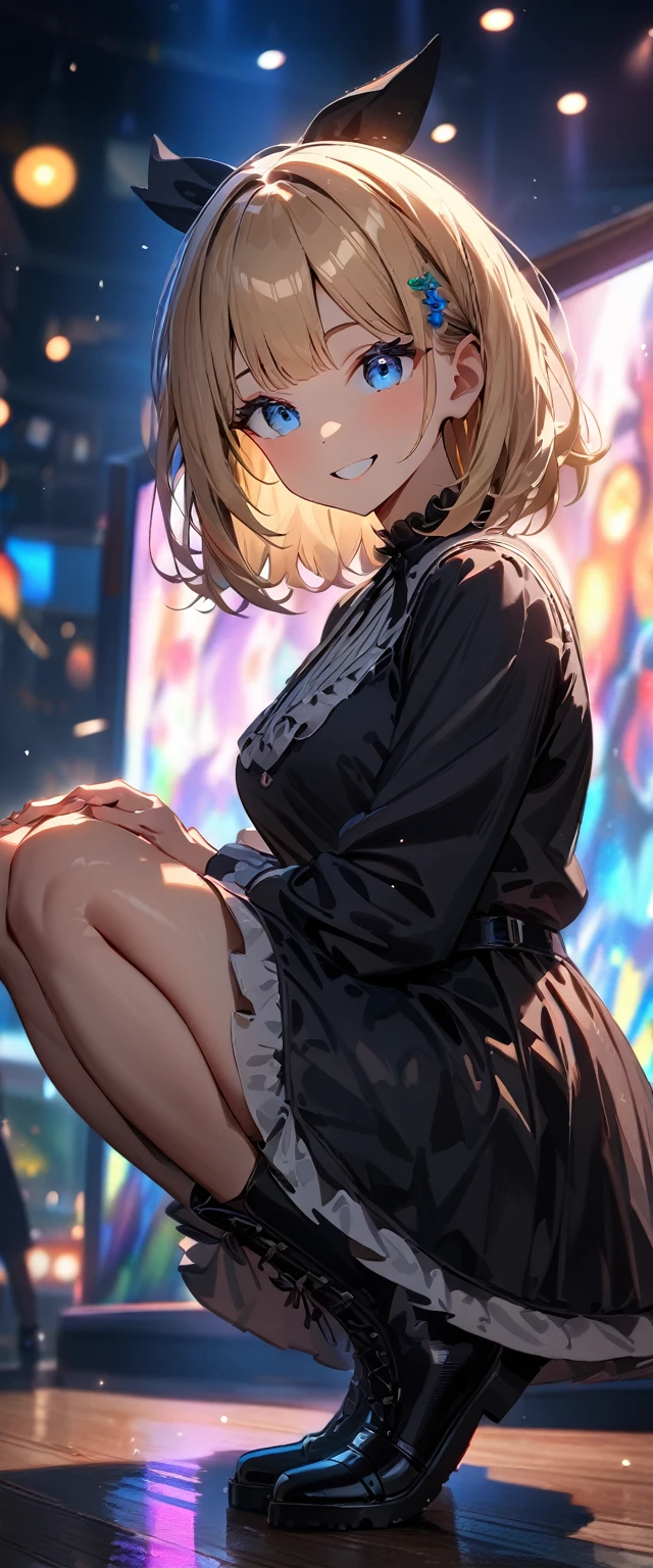 (((One girl))), Shibuya, streat, blond hair, bob cut, (looking at viewer), (((full body))), squatting, breasts, teenager, head tilt:1.3, (((blue eye))), constricted pupils, (from side:1.3), ((happy smile)), gothic lolita:1.3, hair ornament, hair ribbon, anime style, (best quality, 4k, 8k, highres, masterpiece:1.2, ultra-detailed, ultra-detailed eyes, HDR, UHD, studio lighting, ultra-fine painting, sharp focus, physically-based rendering, extreme detail description, professional, vivid colors, bokeh)