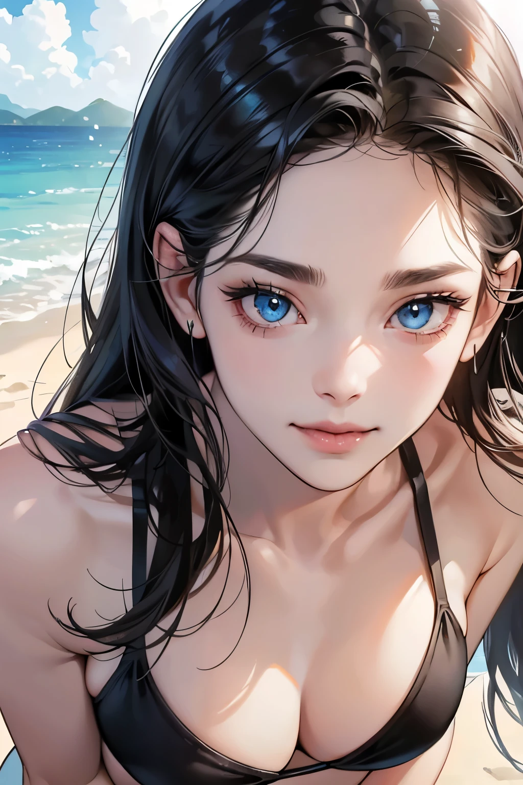 (Tabletop, Digital Art, Digital Illustration, 4K, 8K, Very detailed, Beautiful images, Clear images, Realistic, RAW Photos, Perfect Face, Perfect Lines, Perfect Eyes, Big eyes、Soft lighting) ,flat chest, blue eyes, forehead, black hair, long hair, masterpiece, best quality, 1 girl, 独奏, black bikini, Halter Bikini, beach, smile, pale skin, (leaning forward:1.2), (close-up breasts:1.3), (close-up face:1.2)