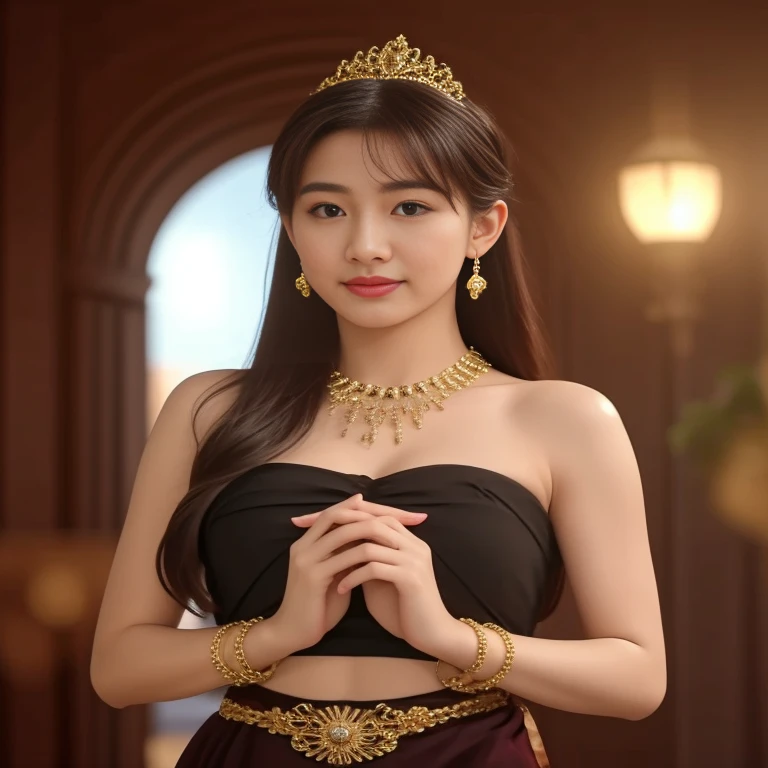 ภาพระยะใกล้ของผู้หญิงlong hairชาวเอเชียตะวันออกเฉียงใต้ที่มีใบหน้ากลม, ,ผมหางม้าlong hair,float up, black eyes, staring at the viewer, abdominal muscles, shiny body, Large chest 36 inches, morning sun, (sexy poses), ((face details)), Double eyelids, realistic, Masterpiece, Highest quality, lens flare, shade, [[Chromatic aberration, digital painting, 8K, 45,000,000,000 pixels, Thai chat set, Strapless top, long hair,black eyes,abdominal muscles, The body is beautiful and strong., rounded chest, (digital painting, HDR, high contrast