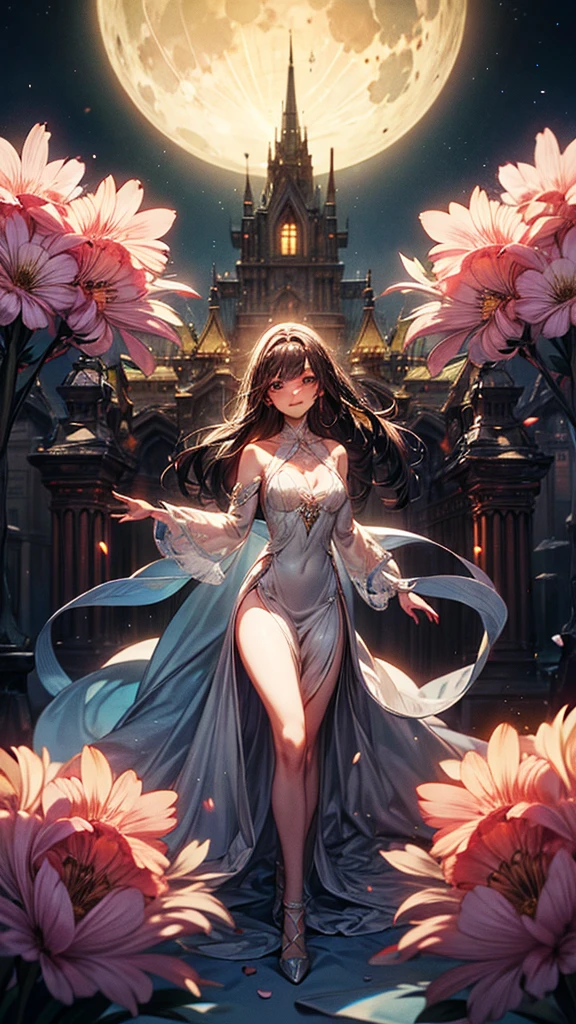 (masterpiece),(Highest quality), figure, (Fantasy:1.4), Brown long hair, Long eyelashes, Round eyes, A light smile, Surrealism, Cast a Shadow, Anaglyph, Stereogram, Atmospheric perspective, 8K, Super detailed, Accurate, Highest quality, Ultra-high resolution, Textured skin, Long dress, moon, Flowers , paper_cut