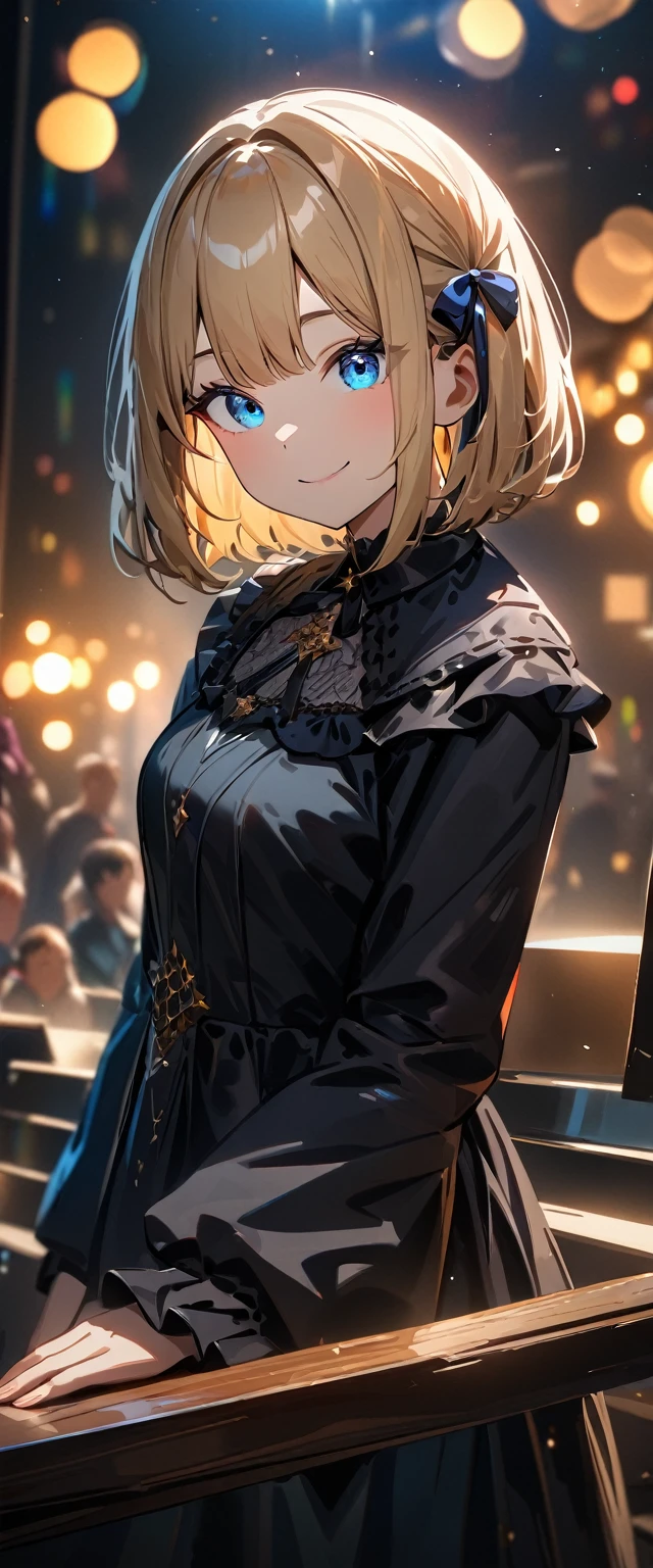 (((One girl))), Shibuya, blond hair, bob cut, (looking at viewer), upper body, breasts, ager, head tilt:1.3, (((blue eye))), constricted pupils, (from side:1.3), ((happy smile)), (((gothic loli.3))), hair ornament, hair ribbon, anime style, (best quality, 4k, 8k, highres, masterpiece:1.2, ultra-detailed, ultra-detailed eyes, HDR, UHD, studio lighting, ultra-fine painting, sharp focus, physically-based rendering, extreme detail description, professional, vivid colors, bokeh)