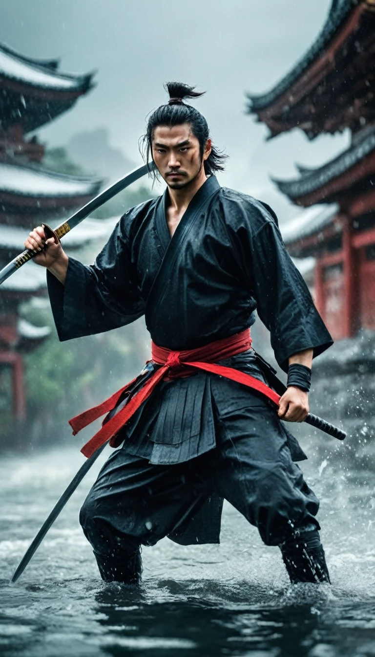 best quality，Ultra-fine，warrior samurai in water ，view in front of the camera, Air，One hand holding a katana，Face mask，fighting，Dodge，avoid，lifelike，photorealism：1.37），bright colors，clear focus，Defocused，（fantasy：1.2），（mystical landscapes），（dynamic poses：1.37），（intense gaze），（Extraordinary power），（the power of myth），black and red，rainy day，Wounds on the body，splash
