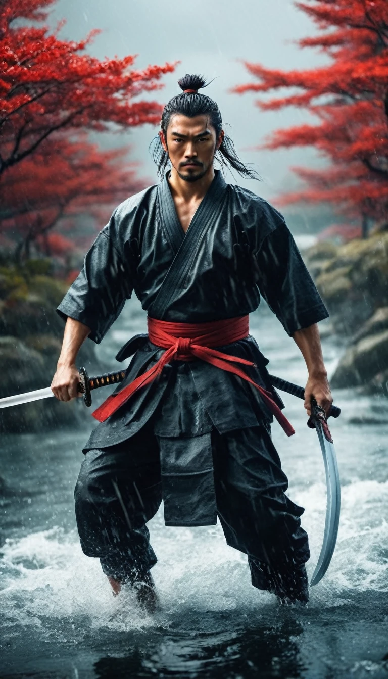best quality,Ultra-fine,warrior samurai in water ,view in front of the camera, Air,One hand holding a katana,Face mask,fighting,Dodge,avoid,lifelike,photorealism:1.37),bright colors,clear focus,Defocused,(fantasy:1.2),(mystical landscapes),(dynamic poses:1.37),(intense gaze),(Extraordinary power),(the power of myth),black and red,rainy day,Wounds on the body,splash