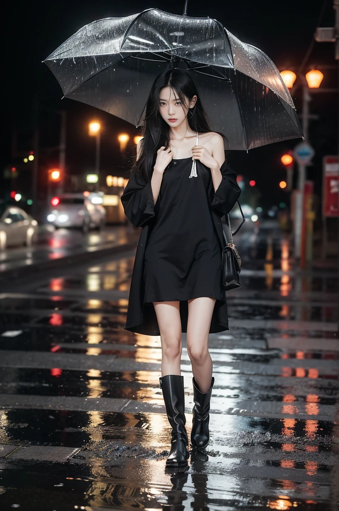 (((best quality))),(((ultra detailed))),(((masterpiece))),illustration,1girl, young,solo, slim,thin,shoulder length straight hair,small breasts,flat chest,white collared shirt dress,slender legs,boots,standing,rainy night, heavy rain, drenched clothes, melancholy expression, solitude, tear rolling down cheek, wet hair, empty streets, dimly lit, deserted environment, sound of rain, footsteps, discarded umbrella on the ground, symbol of hope, abandoned, resilience, determination, walking in rain, heartbreak, loss, love fading, loneliness, body language, facial expression, dreary atmosphere, rain-soaked streets, somber mood, viewer engagement,full body
