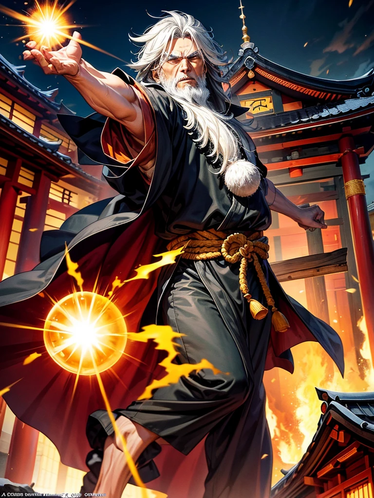 Highest quality,Highest Resolution,An old monk wearing a black robe shoots a Kamehameha-like beam from his hand.,Japanese Temples,Destroying a building,