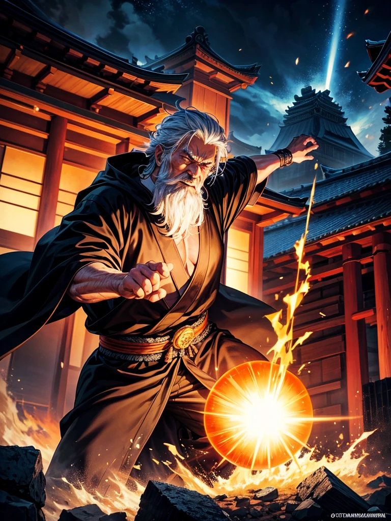 Highest quality,Highest Resolution,An old monk wearing a black robe shoots a Kamehameha-like beam from his hand.,Japanese Temples,Destroying a building,