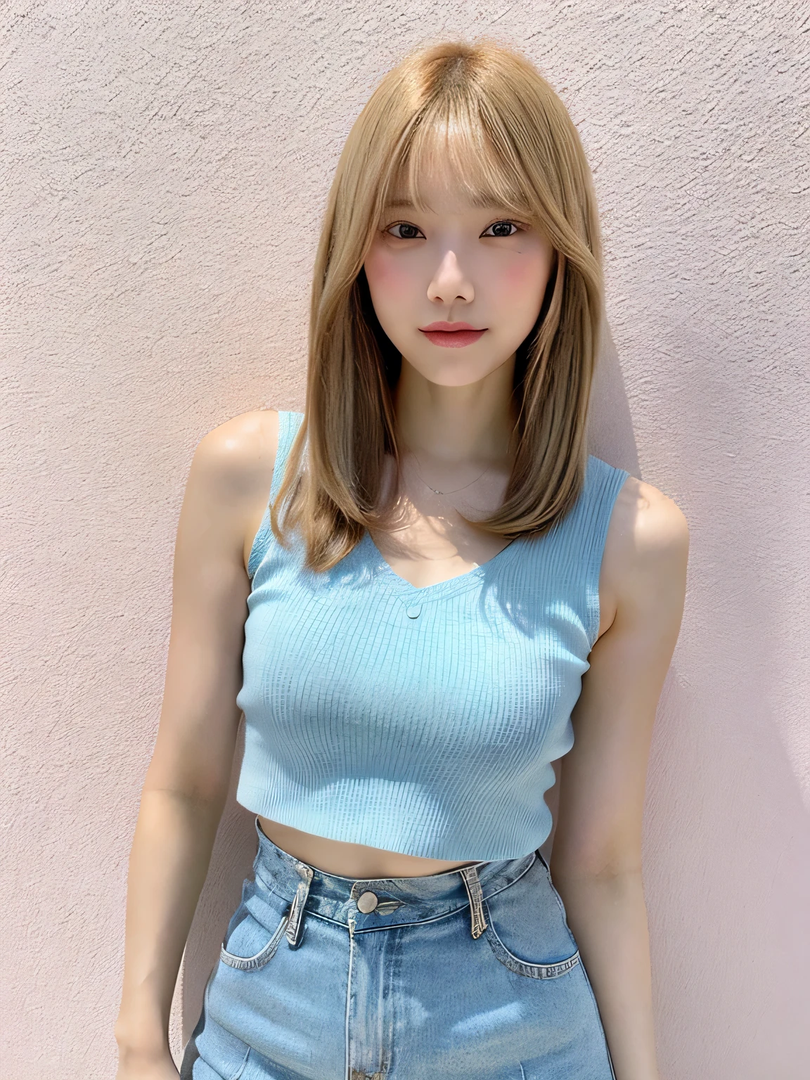 One person、11 years old、((Full body photo))、((Full body photo)),slender、woman、White drool coming out of the mouth、smile、Blonde、Natural Bob Hair、 Fair skin, messy hair, super cute、Soft and Face、8K resolution、Surreal、Ultra high definition、 A-cup small breasts（（Highest resolution、8K、masterpiece：1.3））、Ultra-fine face、Ultra Fine Lips、Beautiful Eyes、double eyelid,Pink wall、Sleeveless light blue polo shirt、White Skirt、Thighs、thin,Thighsが見える、Shapely small breasts、