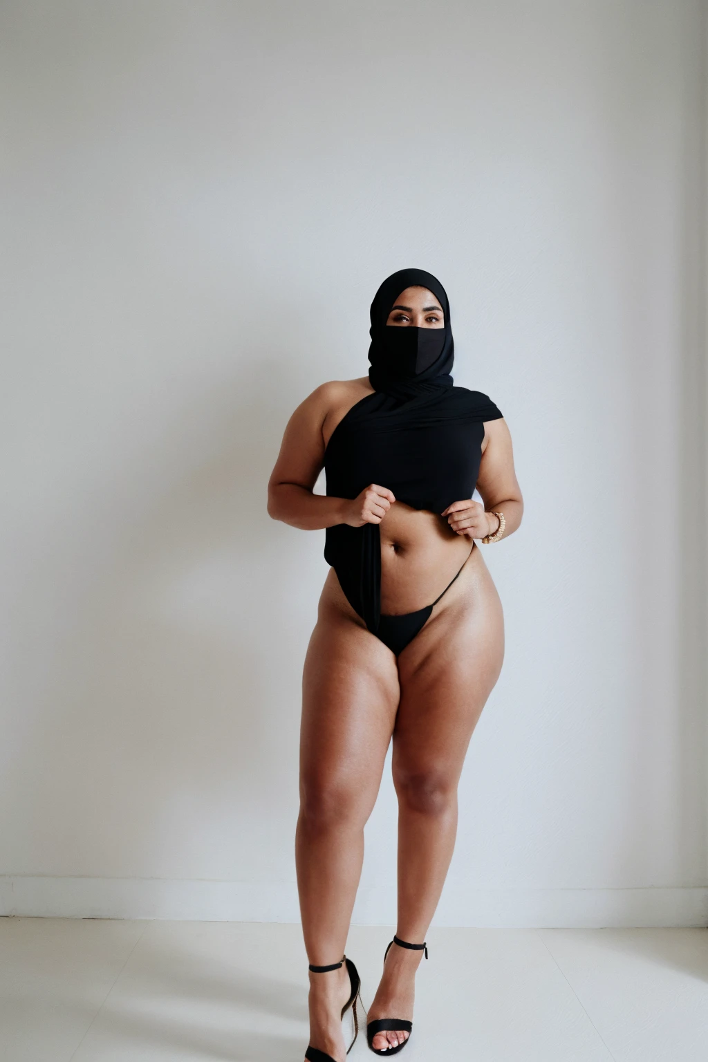 RAW photo,candid photograph, full body,photo of a beautiful,influencer,30yo Arab woman,black hijab, detailed skin, naked, looking at viewer, thick body structure,white background,no background, candid pose,blue light, film grain, kodak color, instagram LUT