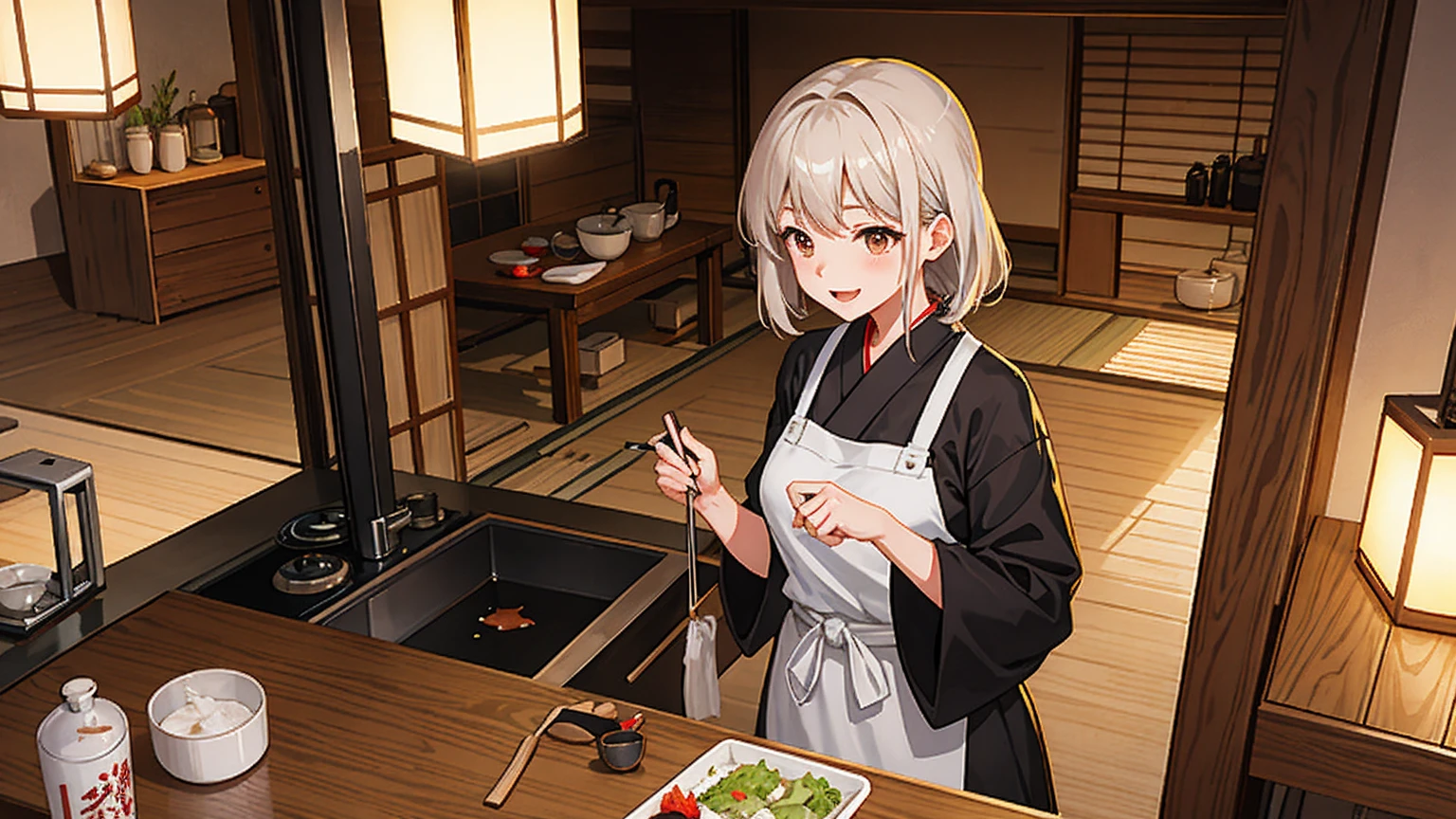 A woman making miso soup in a Japanese-style kitchen at dusk Steam is coming out She looks happy She is wearing an apron Anime-style illustration