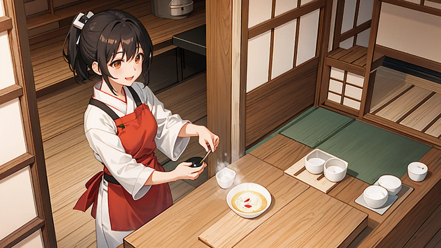 A woman making miso soup in a Japanese-style kitchen at dusk Steam is coming out She looks happy She is wearing an apron Anime-style illustration