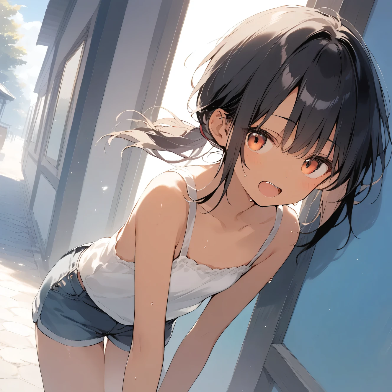 score_9, score_8_up, score_7_up, source_anime, best quality, masterpiece, official art, absurdres, highres, ultra-detailed,waifu2x,Collection: Slice of Life,break,1girl, tomboy, dark-skinned female, short hair, low ponytail, flat chest, beautiful detailed eyes, short shorts, sweat, open mouth, (yawn:0.3), sleepily, outdoors, wind, break,(clear line illustration:1.2),very high resolution, very aesthetic, super detailed skin, Best sexual lighting powered by famous artist, 8k,cute picture,beauty illustration,photoshop_(medium),,(Detailed Lighting),best anime 8k konachan wallpaper, pixiv contest winner,