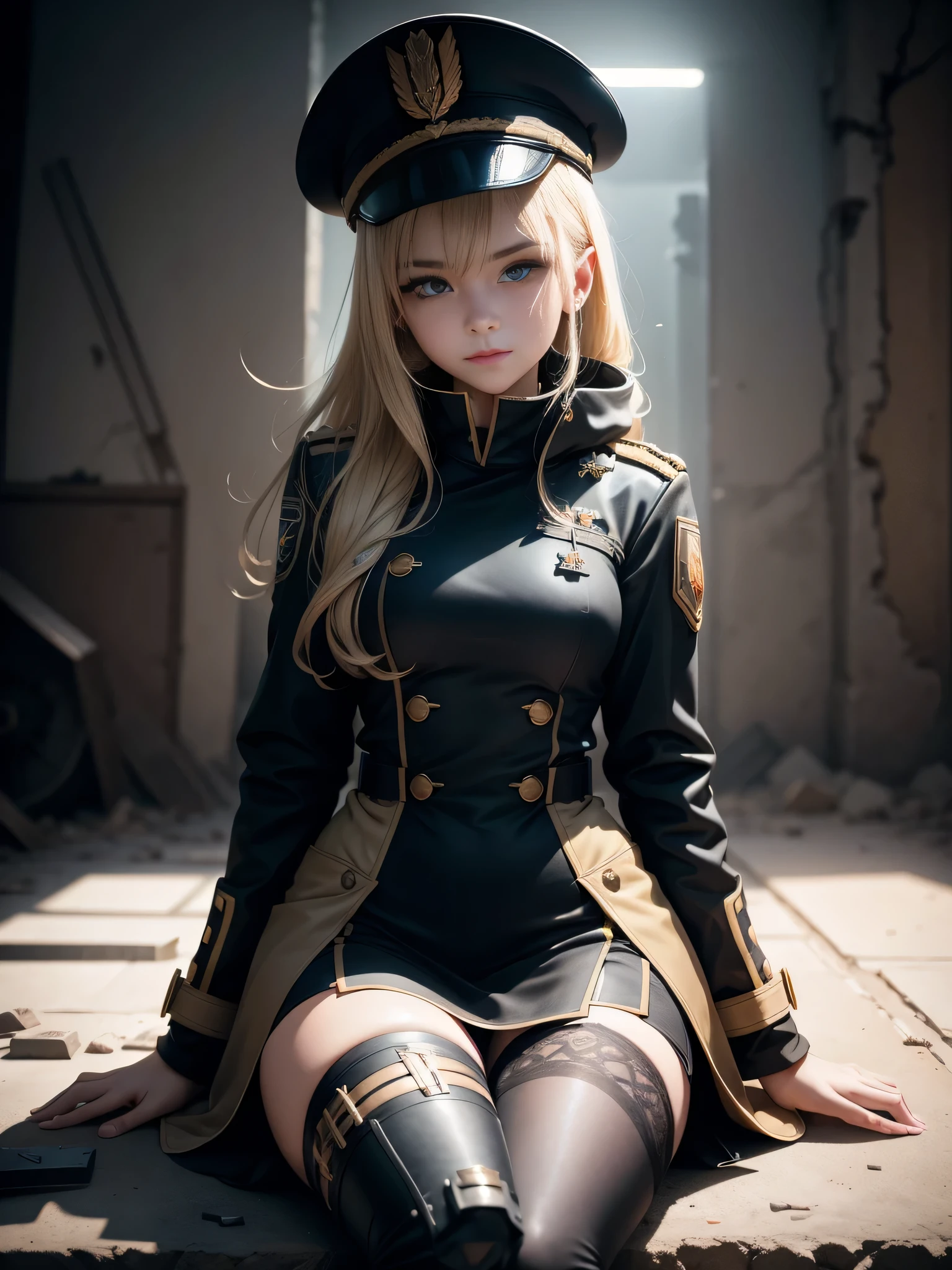 Destroyed towns,3 Ukrainian girls , Ukrainian anime girls , , Ukraine ,
Full body composition of young girl with messy bright blonde hair, eye make up, 18 year old,
Soft lighting, Solo, Old torn dirty shabby futuristic military uniform, badges, Pose, Blotch color, Octane Render, Hyperrealistic intricate detail,
Cinematic, 8K resolution, 70mm, Accent Lighting, Global Illumination, Full body portrait, clean detailed faces, intricate clothing, Cute face, flat chest, Slim waist, Slim legs, small hips,Major's uniform,Major's hat, thigh high stockings
Holding a handgun,Long jacket,Carrying a cloak,actionpose,Sitting in the General's Chair,
Dominant lady, mean look, evil smile. sexy. extreme Strong vignette
