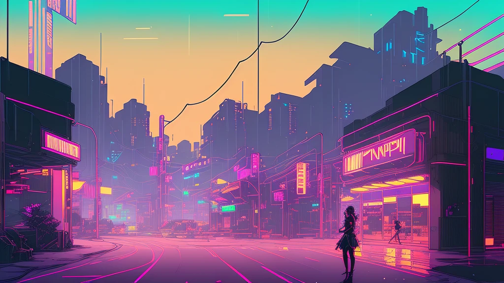 (nvinkpunk:1.2) ,Streetscape、Light Wave, night、Neon Light,A woman smoking a cigarette、Back view、Complex, Very detailed