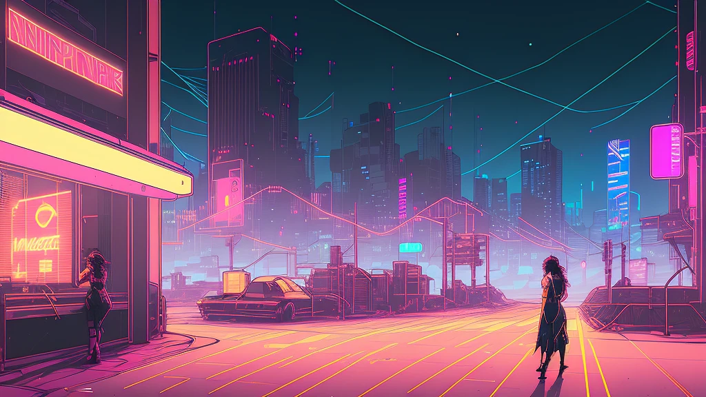(nvinkpunk:1.2) ,Streetscape、Light Wave, night、Neon Light,A woman smoking a cigarette、Back view、Complex, Very detailed