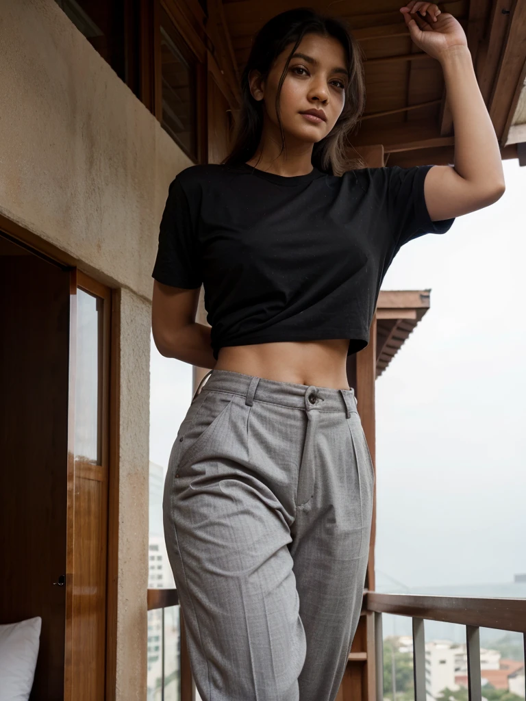 srilankan girl on a hotel balcony, standing and admiring the view, wearing a black tshirt and a grey trouser