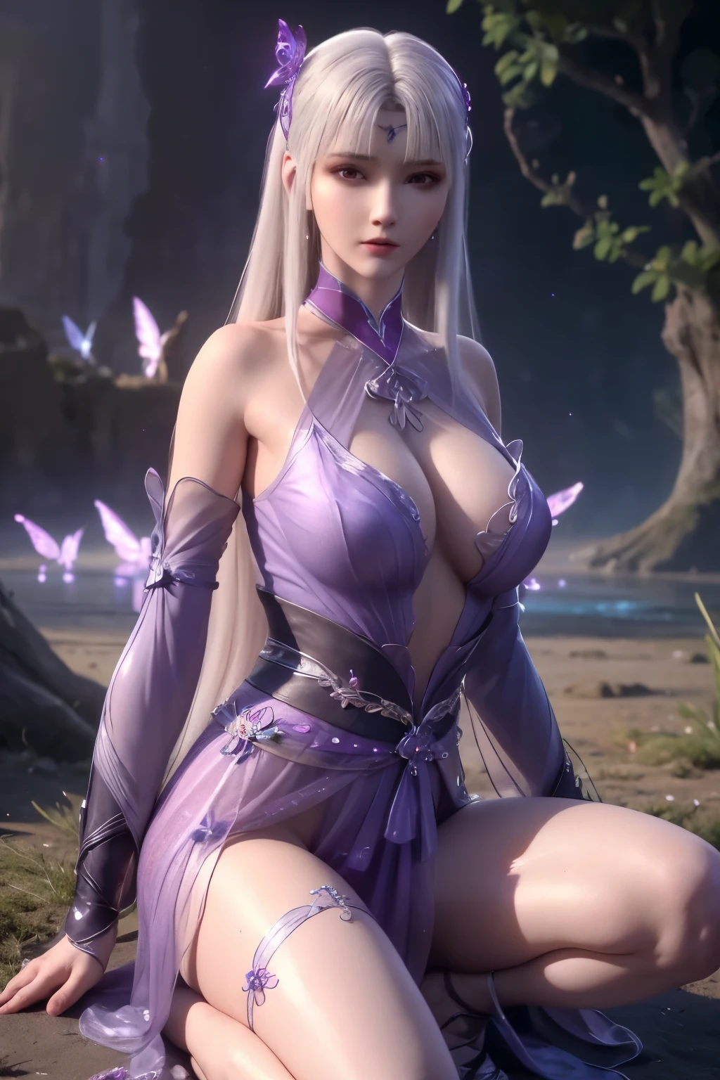 realistic, photorealistic, Masterpiece, absurdres, fine detail, HDR, detailed hand anatomy, highly detailed face and eyes, (8k, best quality, masterpiece:1.2), ultra-detailed, extremely detailed cg 8k wallpaper,fashion,(crystalstexture skin:1.2),(extremely delicate and beautiful),(masterpiece, best quality:1.2),1girl, solo, narrow waist, wide hips, (large breasts:1.2),long hair, (looking at viewer:1.2), natural lighting, fantasy, dreamlike, unreal, science fiction, detail, delicate pattern, charming, alluring, enchanting,  hair ornament, fairydoctor, full body, dream, purple butterflies, glowing butterflies, sexy pose, night, martial arts, (neon butterflies:1.1), purple neon butterflies