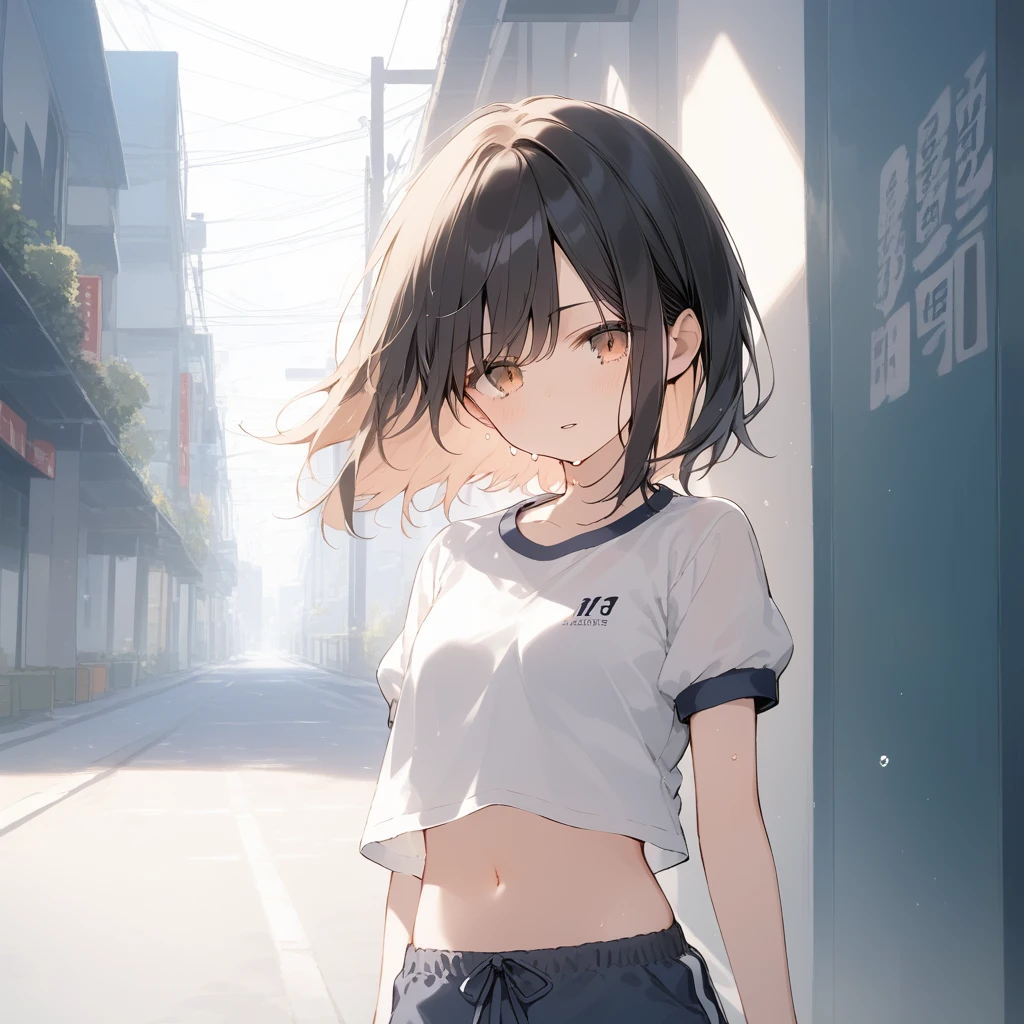 score_9, score_8_up, score_7_up, source_anime, best quality, masterpiece, official art, absurdres, highres, ultra-detailed,waifu2x,Collection: Slice of Life,break,1girl, 15-year-old, short hair, black hair, small breasts, beautiful detailed eyes, well-proportioned iris and pupils, parted lips, beautiful detailed lips, gym uniform, navel, byke shorts, sweat, expressionless, sleepily, School ground, outdoors, wind, break,(clear line illustration:1.2),very high resolution, very aesthetic, super detailed skin, Best cinematic lighting powered by famous artist, 8k, beauty illustration,photoshop_(medium),,(Detailed Lighting),best anime 8k konachan wallpaper, pixiv contest winner,