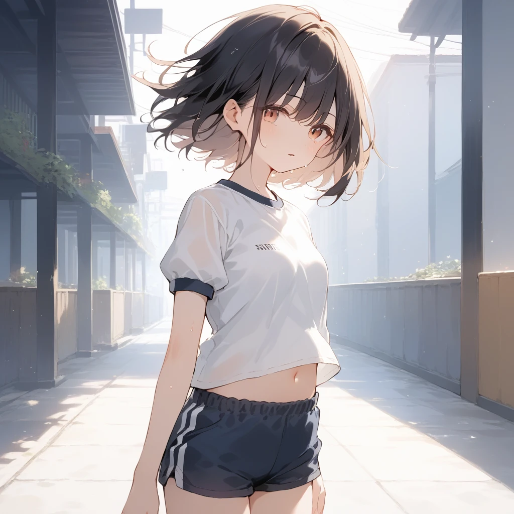 score_9, score_8_up, score_7_up, source_anime, best quality, masterpiece, official art, absurdres, highres, ultra-detailed,waifu2x,Collection: Slice of Life,break,1girl, 15-year-old, short hair, black hair, small breasts, beautiful detailed eyes, well-proportioned iris and pupils, parted lips, beautiful detailed lips, gym uniform, navel, byke shorts, sweat, expressionless, sleepily, School ground, outdoors, wind, break,(clear line illustration:1.2),very high resolution, very aesthetic, super detailed skin, Best cinematic lighting powered by famous artist, 8k, beauty illustration,photoshop_(medium),,(Detailed Lighting),best anime 8k konachan wallpaper, pixiv contest winner,
