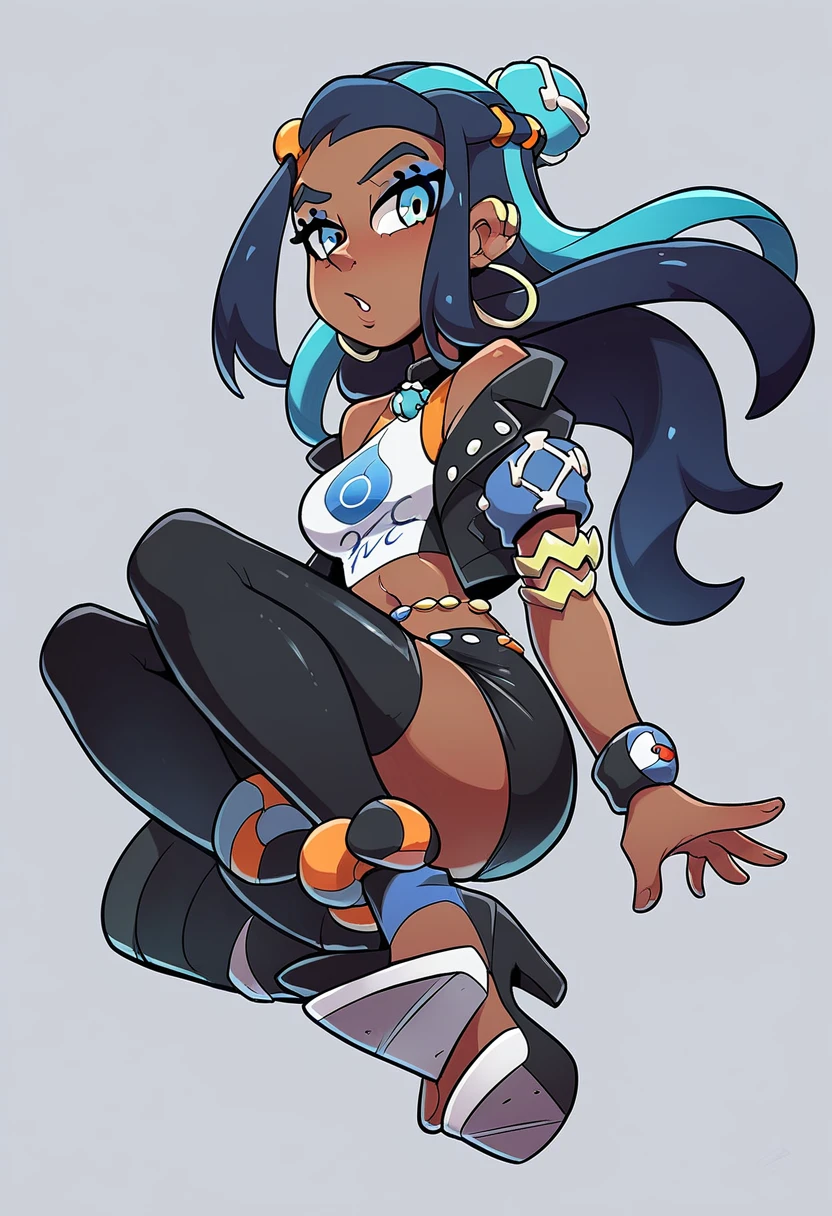 pokemon trainer Nessa, (((dressed in with a blue denim jacket with a white crop top a black leather skirt and stockings and high-heeled boots))), horny