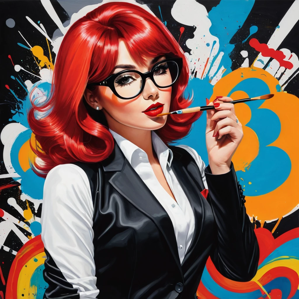A captivating Pop-Art illustration of a man from the 1960s with bold, bright red hair, wearing a charming black-and-white suit and oversized glasses. He holds an paintbrush between his lips, as if he's about to take a paintbrush. In a delightful twist, he shakes hands with the woman he's painted, bringing her to life from the canvas. The background is a dynamic blend of dark and light colors, evoking a mood of dark fantasy and whimsical humor. The illustration is executed in a graffiti-like style, featuring vibrant and lively colors with a touch of dark imagination.