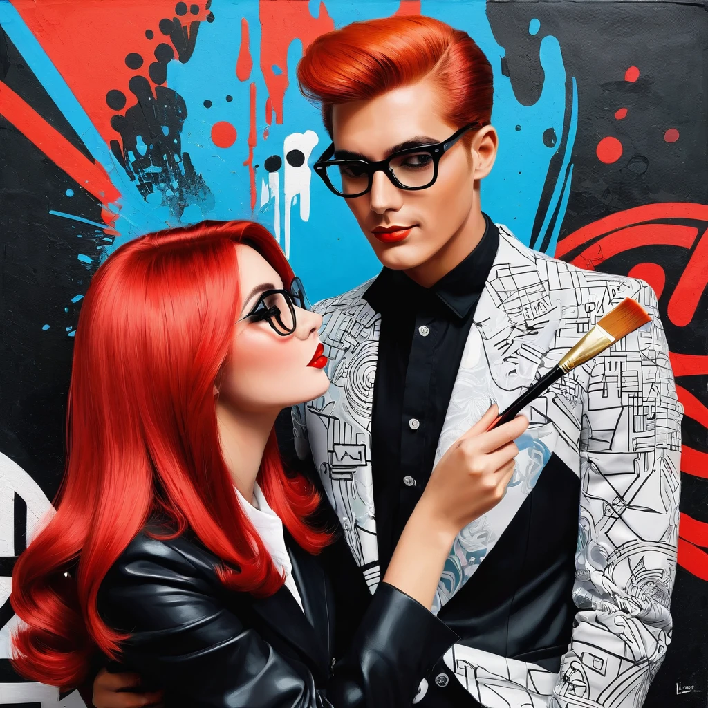 A captivating Pop-Art illustration of a man from the 1960s with bold, bright red hair, wearing a charming black-and-white suit and oversized glasses. He holds an paintbrush between his lips, as if he's about to take a paintbrush. In a delightful twist, he shakes hands with the woman he's painted, bringing her to life from the canvas. The background is a dynamic blend of dark and light colors, evoking a mood of dark fantasy and whimsical humor. The illustration is executed in a graffiti-like style, featuring vibrant and lively colors with a touch of dark imagination.