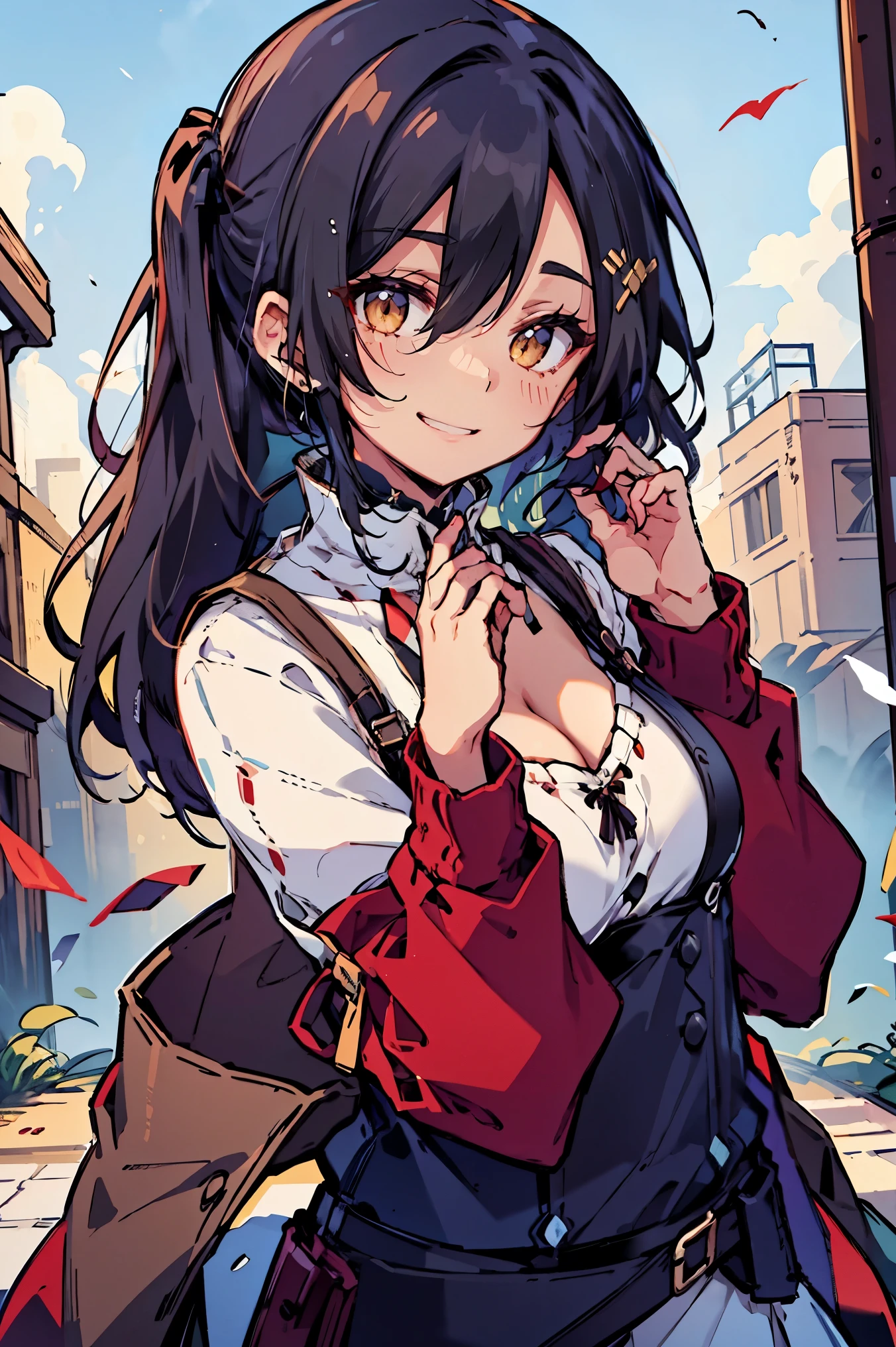 (masterpiece:1.2), (high quality:1.2), (hui xiyi:0.7), rekkyo sensen, rekkyou sensen, girls with((black hair, (tits cleavage:1.15), (breasts close up:1.15), (dress:0.65), (suspenders,blue clothes, belt:1.2), (frills shirt, combination of camisole and white knit sweater:1.2), exposed breasts, straps, (cross:1.05), upper body, (long wavy hair, one side up:1.2), long sleeves, (waving is hands, hands up, perfect hands, five fingers:1.05))), background with((fantasy world, ruin, castle, beautiful sky, shining sky, sunshine))