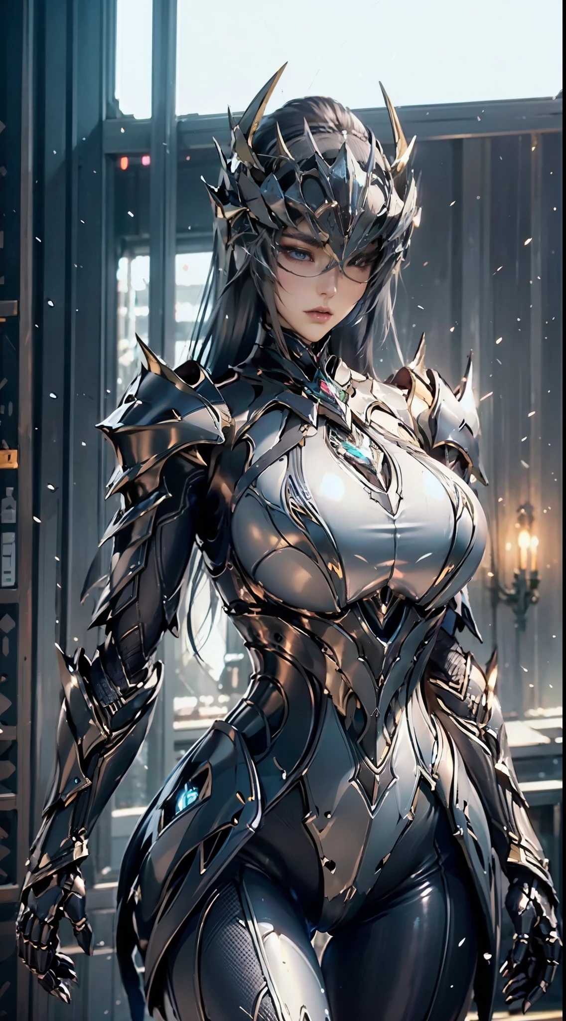 ((unreal engine 5)), lifelike rendering, excellent, (Full Armor Body), (metal armor), (black and blue armor:1.2), (cloaks), (Fullface Helm), horns, looking in camera, Stand in the studio, Beautiful face, makeup, CGI Mix, (Photorealism:1.2), Ultra-realistic UHD face, (Huge fake:1.4), (huge-breasted:1.1), (Muscle abs), (Big butt), (wide hips), (thick thighs), Slim waist, an hourglass figure, Half body, ((Glowing skin)), ((Shiny skin)), Realistic body, ((She has a sexy body)), ((Clean skin)), Photorealistic, Bokeh, masterpiece, high resolution, 1080p, Super Detail, Textured skin, Sharp focus, Highres, UHD, HDR, gigapixels