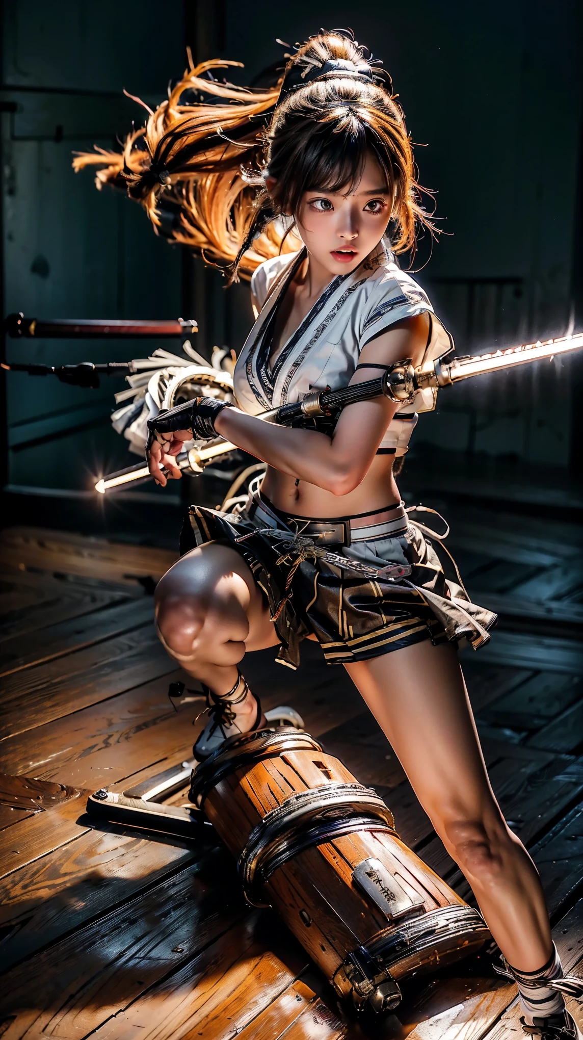(Ultra HD, Highest quality, High resolution, Hyperrealistic, super beautiful), 24000dpi, Beautiful woman, high school girl, Long Tail, Yellow headband, Well-formed eyes, Eyesight max, 18-year-old, Alluring, Completely American, perfect body, Big Breasts, Physical Beauty, ((Japanese Sailor Suit:1.5, serafuku, Japanese style mini skirt)), (((hold, Electric mechanical samurai sword, Ancient Scabbard))), (Blue Lightning), Charge Move, (((Special move position))), All in one, Absurd, (((Anatomically correct))), whole body