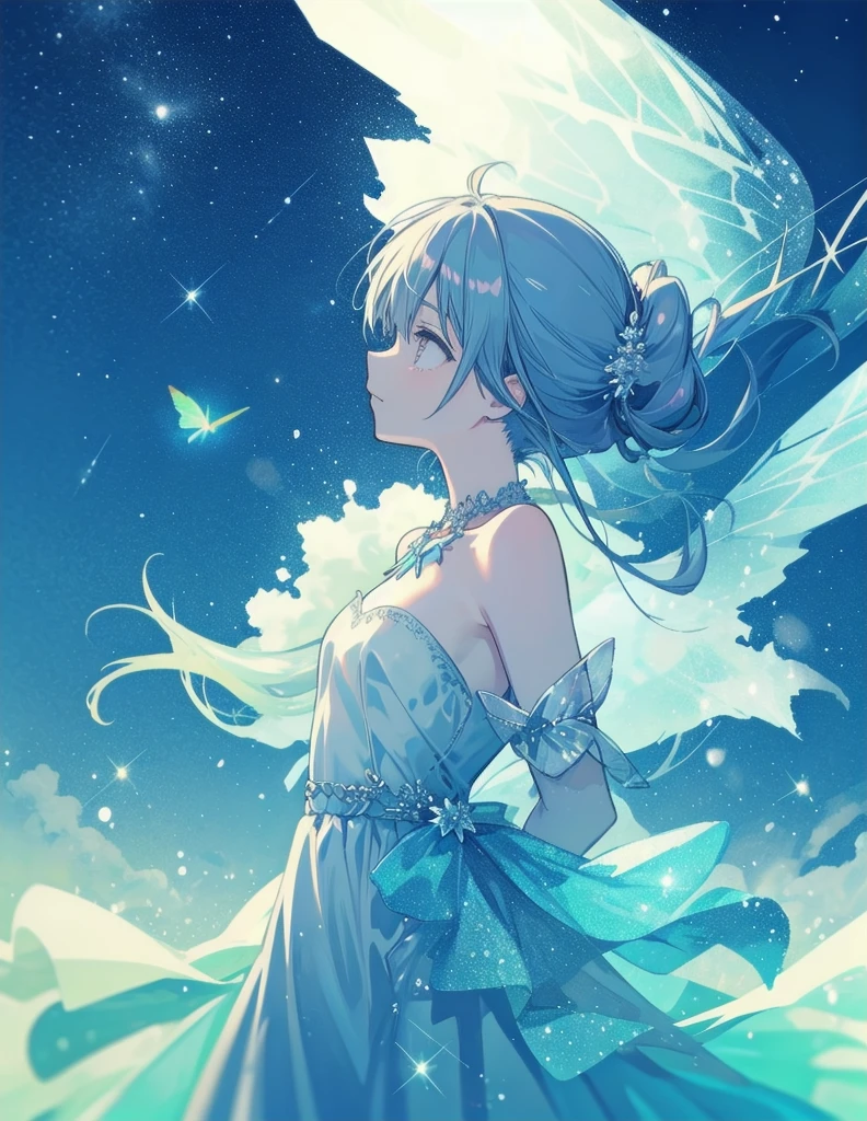 natural lighting, soft smile, upturned cheeks, half up-do, floating hair, coquettish hair, slightly shining hair, dress, silk, satin, silky gloss, 1girl, solo, evening, starry sky, spring ephemerals, profile, crystal, glassy gloss, amorphous dress, tropical bird, fire fly, lighting fly, butter fly, morpho, jewelry, ornaments, antique,