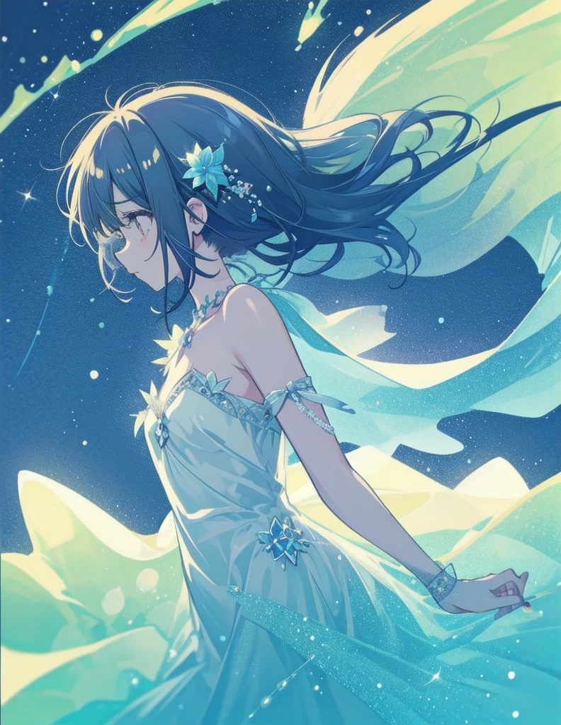 natural lighting, soft smile, upturned cheeks, half up-do, floating hair, coquettish hair, slightly shining hair, dress, silk, satin, silky gloss, 1girl, solo, evening, starry sky, spring ephemerals, profile, crystal, glassy gloss, amorphous dress, tropical bird, fire fly, lighting fly, butter fly, morpho, jewelry, ornaments, antique,
